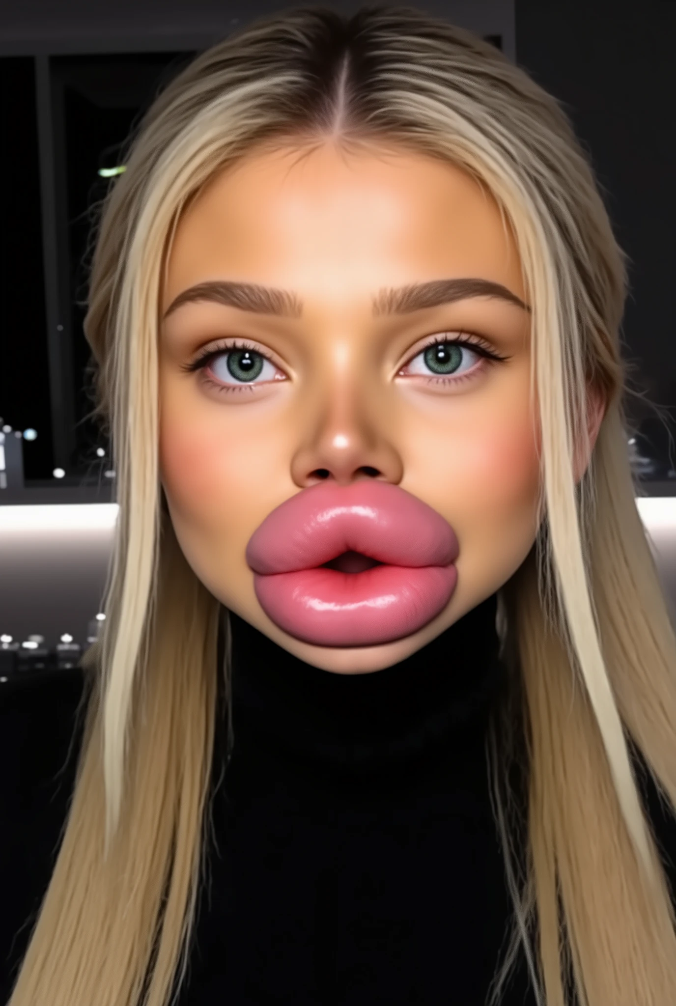 Ultra-realistic front view portrait of a super cute young woman in her 20s with platinum blonde hair with black roots in a ponytail. She has a cute slight smile on her face. She has a puffy face and long eyelashes. Her facial features are huge fake round bimbo lips, glossy and overfilled, and she has round cheeks. She Looks innocent. She is wearing a tight black ribbed wool turtleneck sweaster. She has bright green eyes. The lighting is soft and even, and the background is minimal, emphasizing her face and outfit. The style is high-end influencer aesthetic, ultra-detailed, photorealistic, cinematic 8k. 
