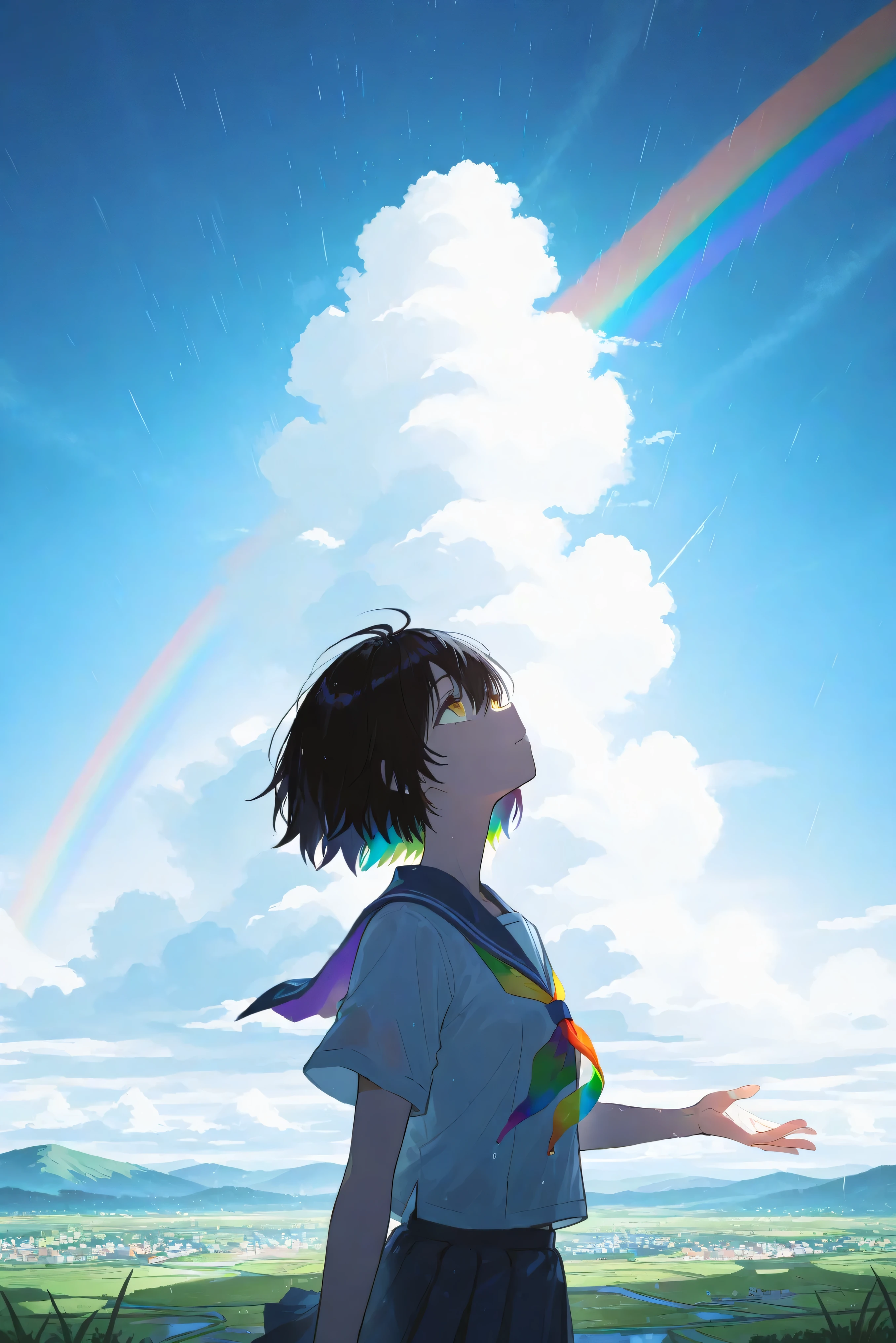 a landscape with a rainbow after the rain,outside,look up at a clear sky,create a bright image that makes you feel a new beginning, black short hair, yellow eyes, summer unifrom, highschool uniform, One hand stretched out to the sky