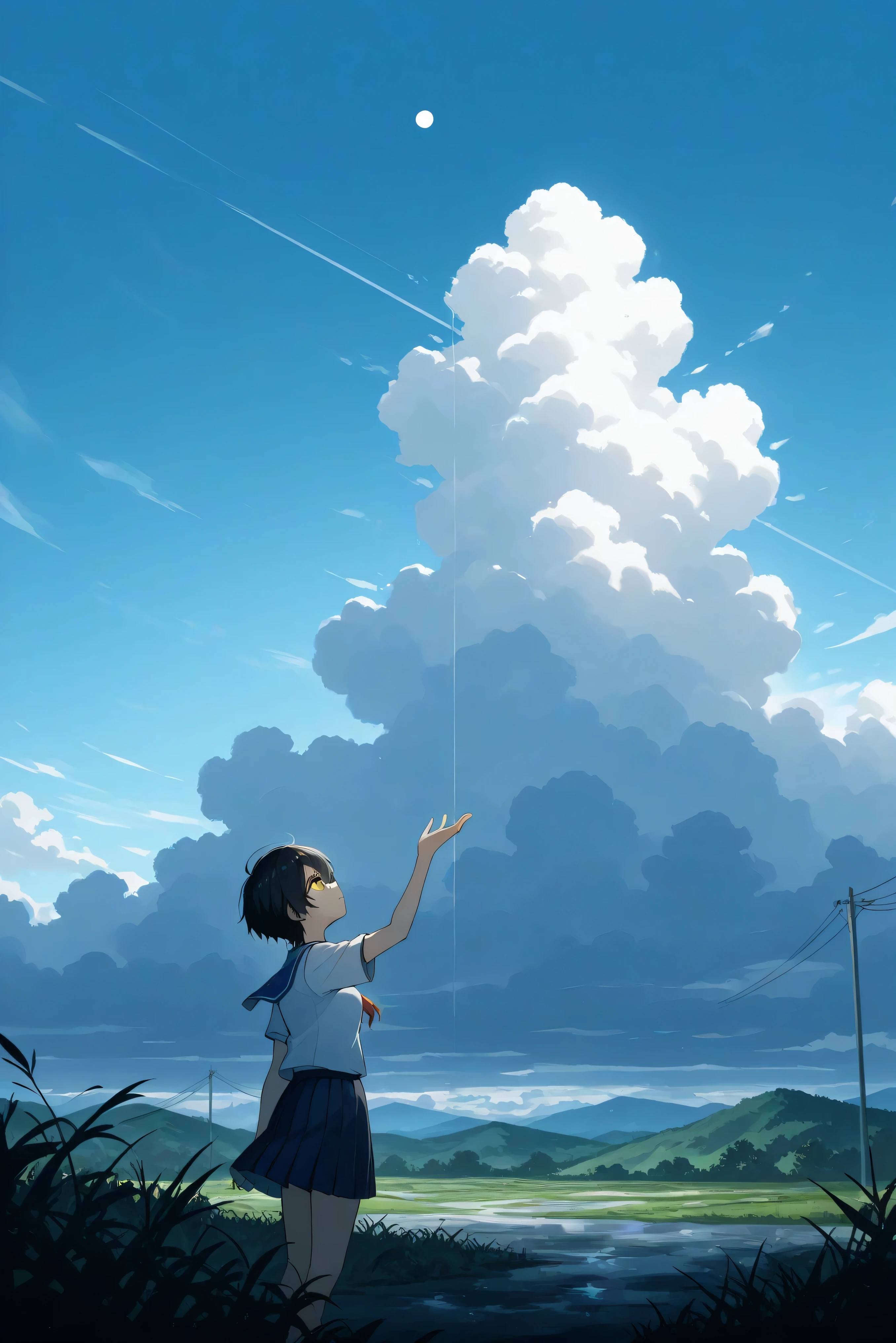 a landscape after the rain,outside,look up at a clear sky,create a bright image that makes you feel a new beginning, black short hair, yellow eyes, summer unifrom, highschool uniform, One hand stretched out to the sky