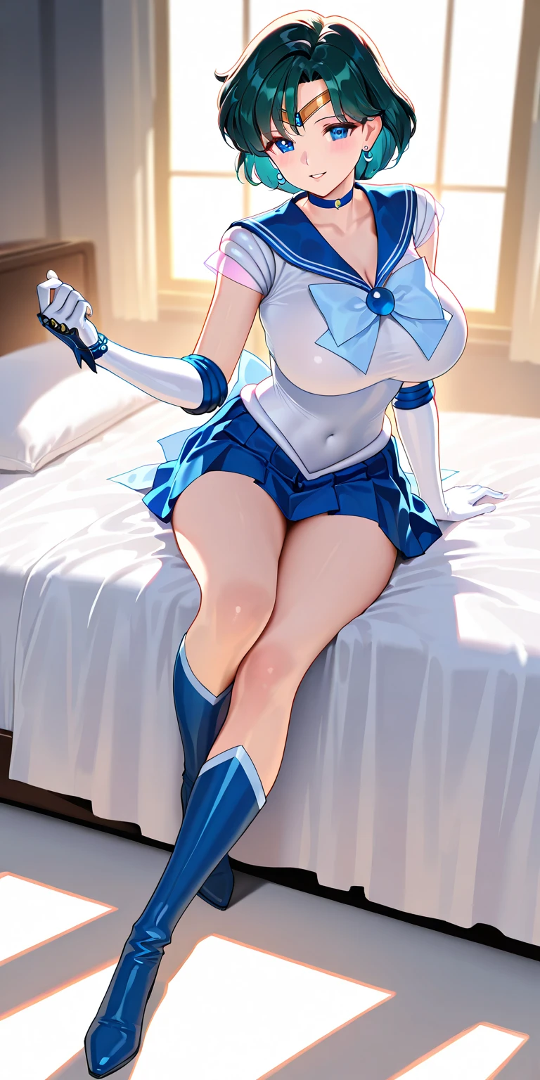 masterpiece, Highest quality, High resolution, Realistic, Show more1, tiara, Sailor Warrior Uniforms, Blue Skirt, Blue sailor collar, tiara, bow, Knee Boots, choker, White gloves, ((blue choker)), elbow gloves, jewelry, Earrings, Pleated skirt, Deep blue hair, lying on bed, Angle from below, ((Spreading ?????:1.3)), (Showing ???????:1.3), ???????????