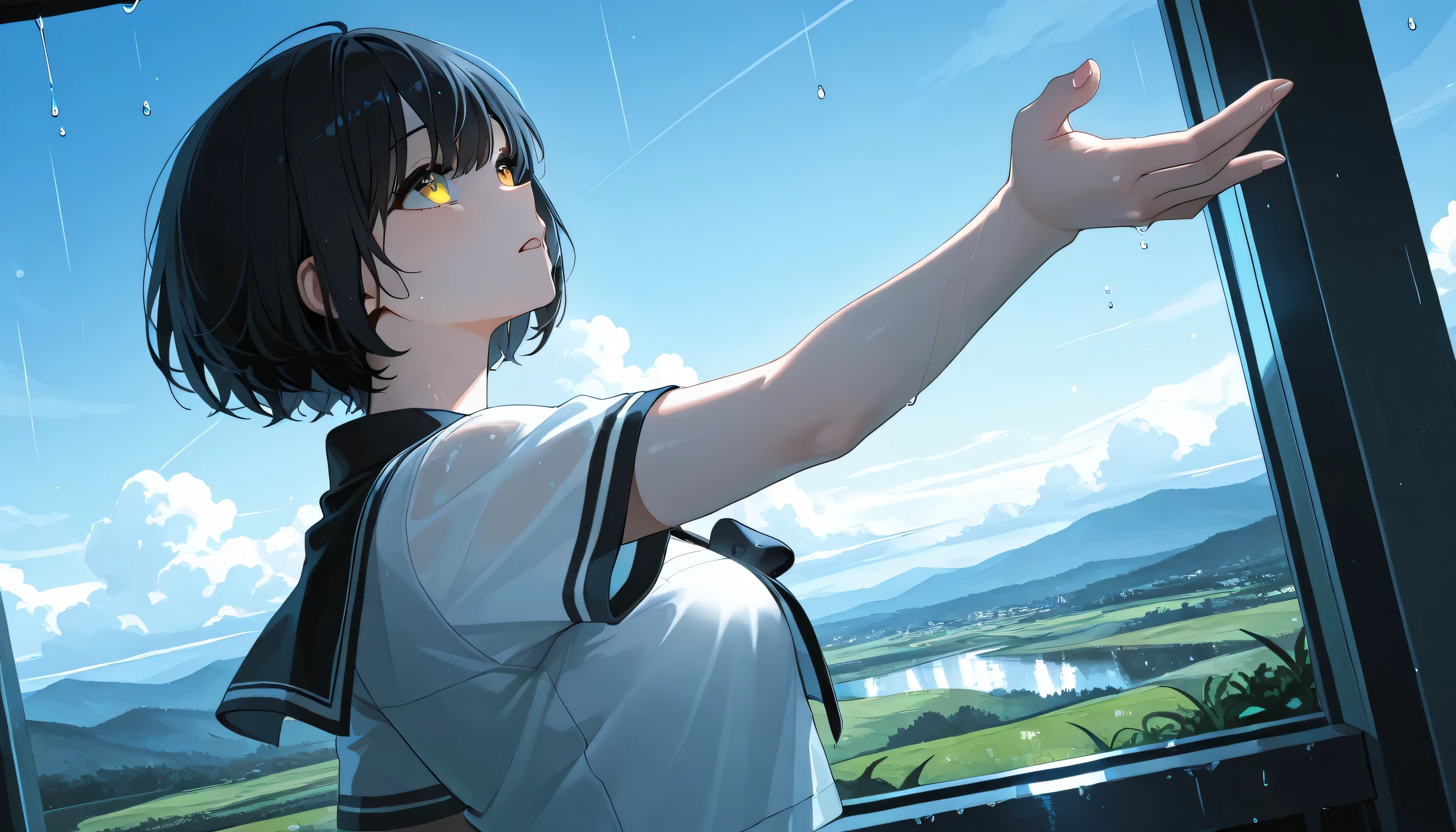 a landscape after the rain, outdoor, outside,look up at a clear sky,create a bright image that makes you feel a new beginning, black short hair, yellow eyes, summer unifrom, korean highschool uniform, One hand stretched out to the sky