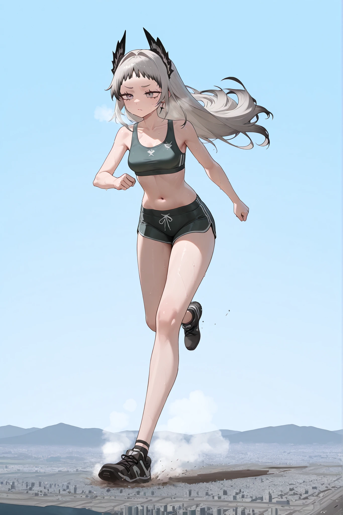 irene_\(arknights\), grey eyes, grey hair, head wings, long hair, sportsbra, suportspants, sweat, giantess, microcity, Scattered City, running, Steam, Blue Sky, informal costume, navel, thighs, fullbody