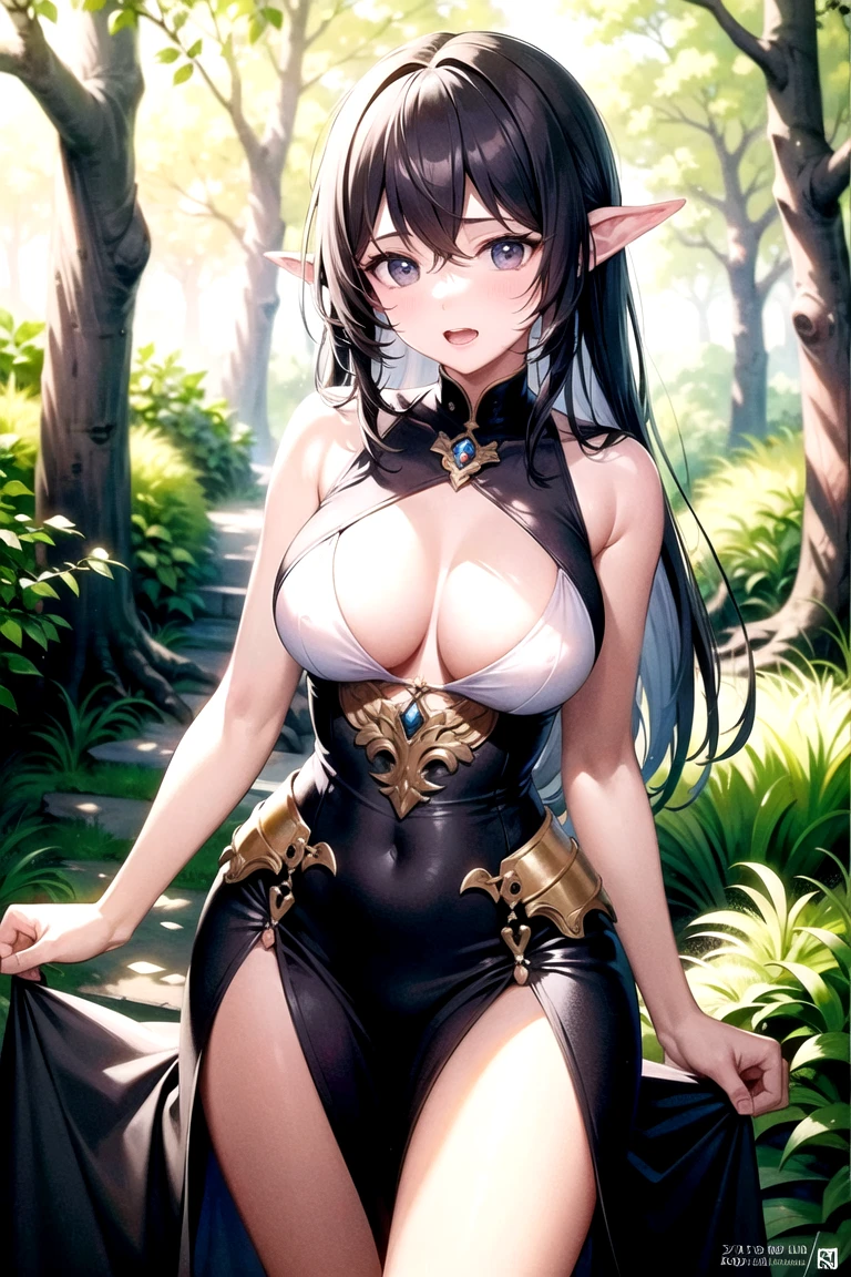 Detailed textures, high quality, high resolution, high accuracy, realism, color correction, correct lighting settings, harmonious composition. cover of the art book "Harlequin dreamer" black elf girl, in an elf costume on a futuristic background, 1 girl, , black hair, dark skin, black hunter costume, elf ears, mystical beauty, dagger in hand, stern look, parted lips, mystical eyes, jewelry, earrings, solo, cleavage, curvaceous, looks at the viewer,  clothes, stands in a mystical forest, fantasy forest, night lights,at night, dark ef, Artoria Custer (third ascension), Magic circle, Circle mantra, fantasy, white hell