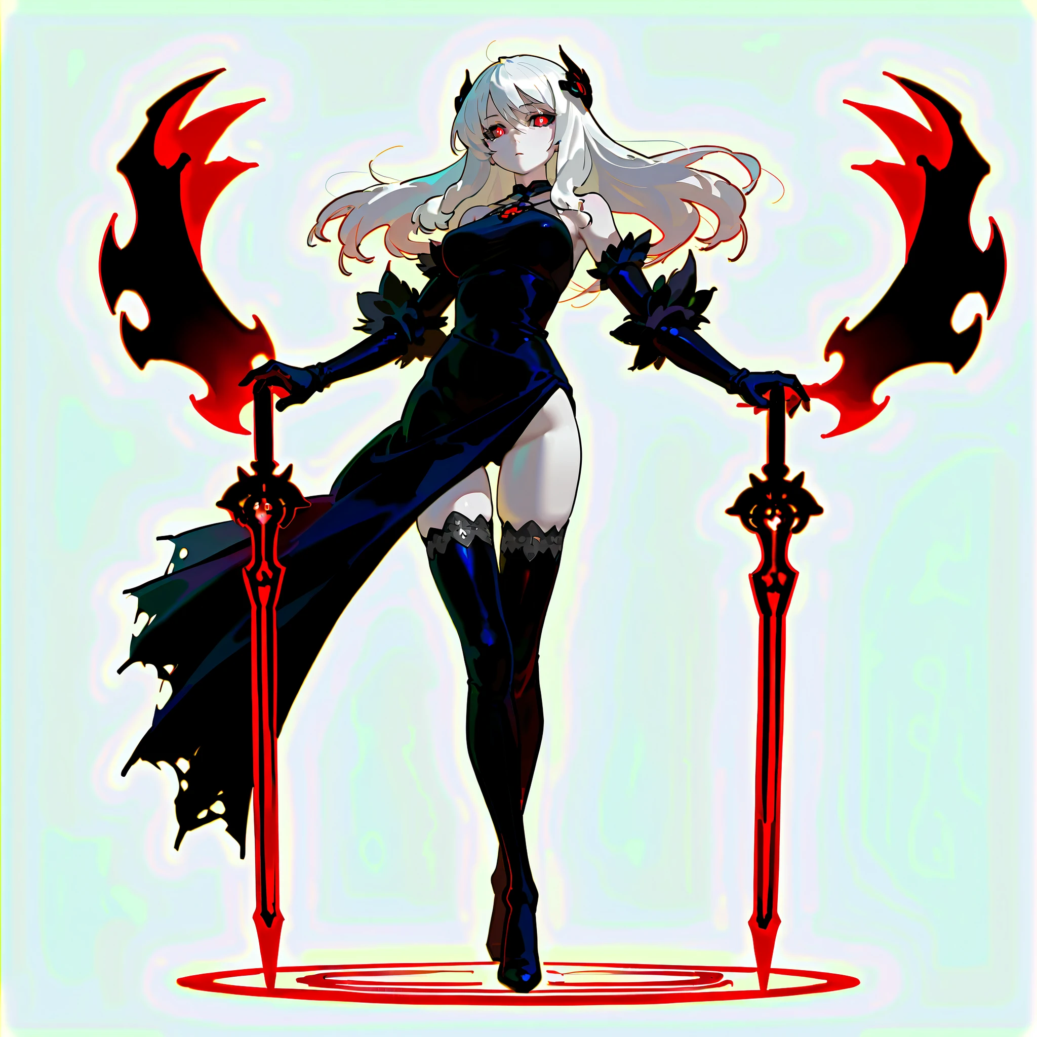 (((masterpiece))), (((Best Quality))), ((Ultra-detailed)), solo, Full body, fantasy undead wight fighter girl, white shaggy hair, glowing red eyes, black sclera, pale skin! Several swords, rusted to shreds, black thigh-highs, distorted gauntlets, clawed gauntlets, ((she is held both hands with twin long swords)), (slender), wearing ragged Harf-armor and distorted mournful black dress, long skirt, full body standing, Whole body, (((white background)))
