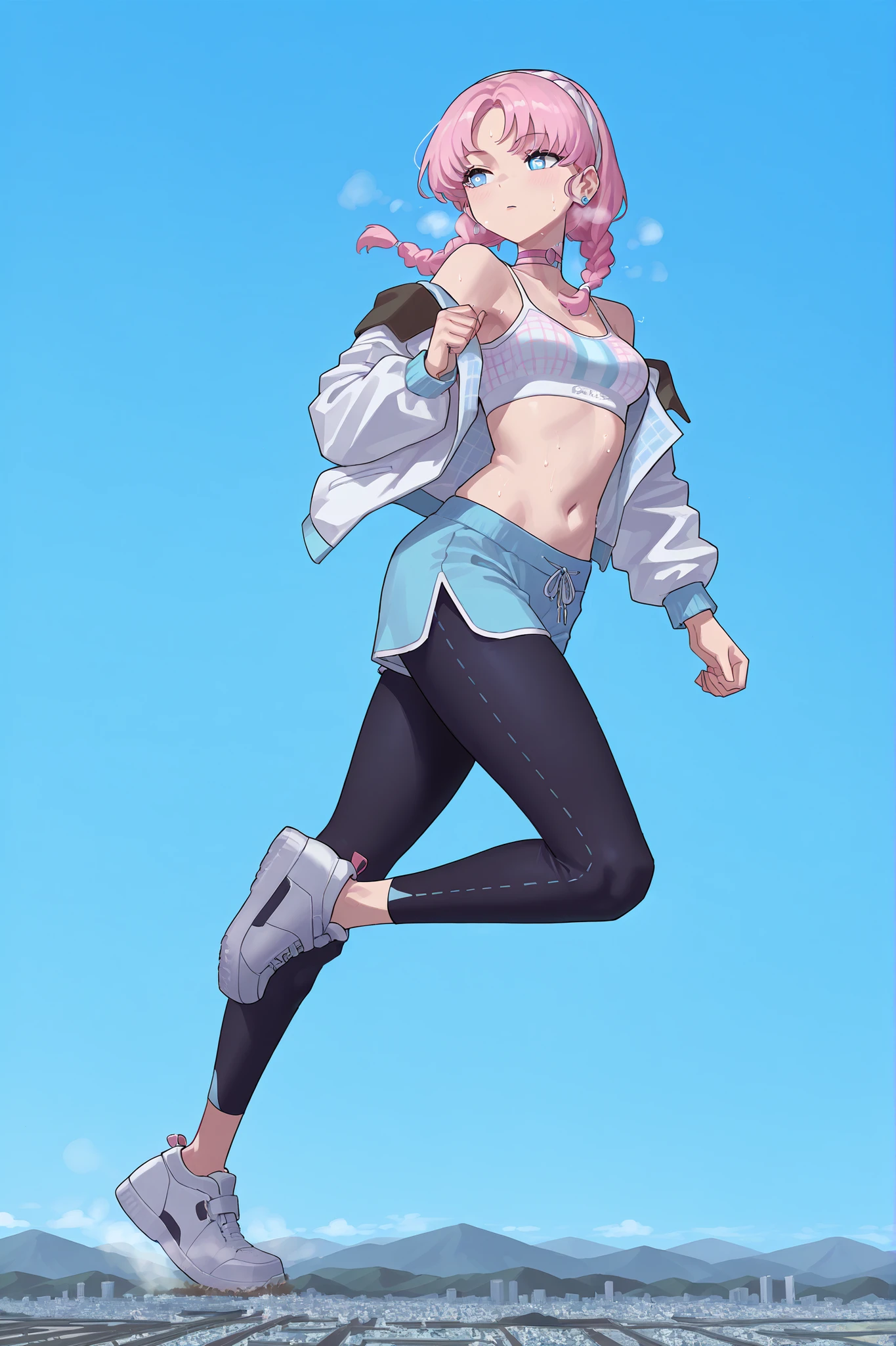 blue_poison_\(shoal_beat\), blue eyes , pink hair , twin braids, hairband, earrings, pink choker, bare shoulders,sports bra,midriff,white jacket , open jacket, blue shorts,black leggings, sneakers , sweat, (giantess:1.4), microcity, Scattered City, running, Steam, Blue Sky, informal costume, navel, thighs, fullbody
