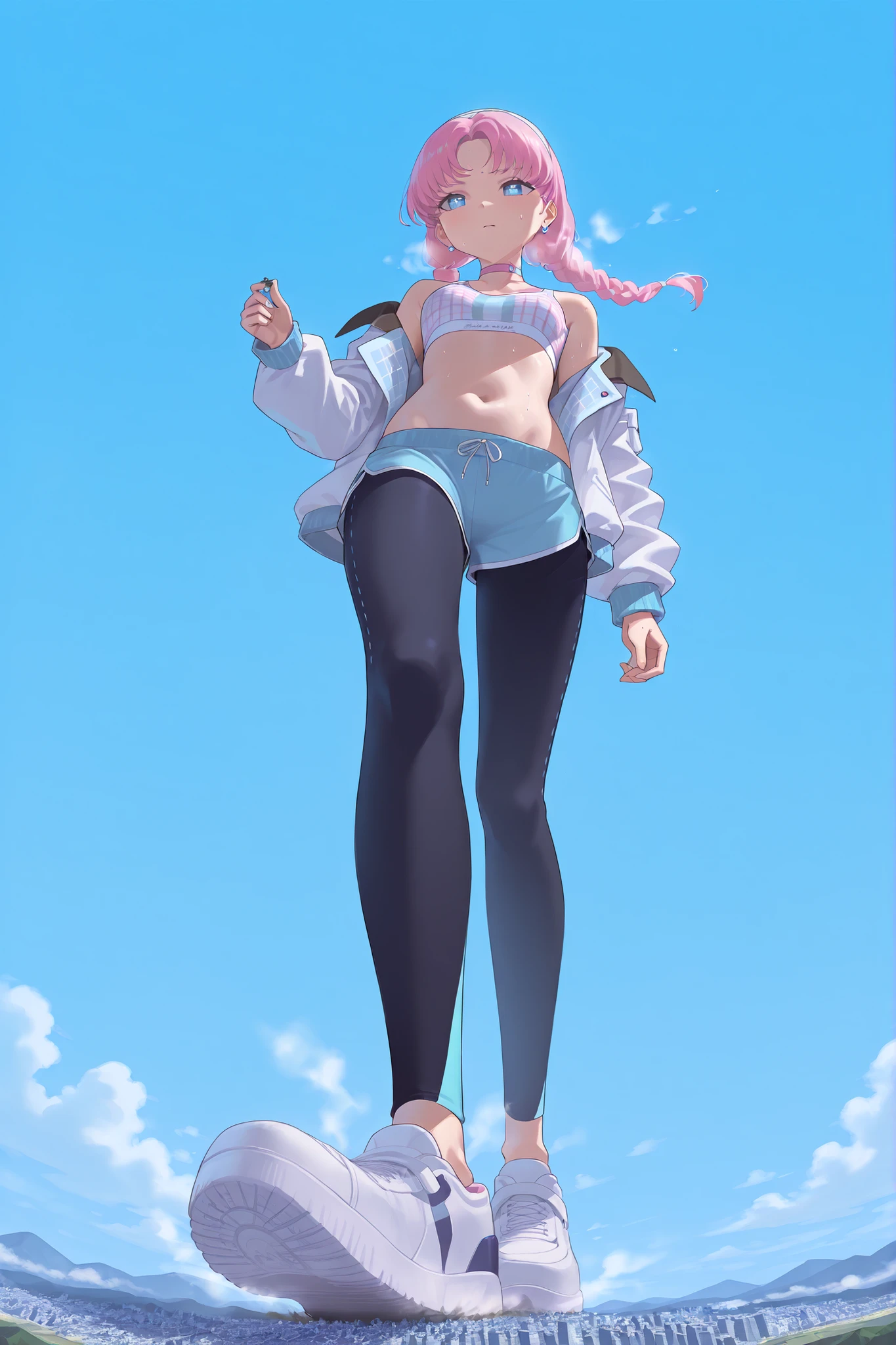 1girl, solo, blue_poison_\(shoal_beat\), blue eyes , pink hair , twin braids, hairband, earrings, pink choker, bare shoulders,sports bra,midriff,white jacket , open jacket, blue shorts,black leggings, sneakers , sweat, (giantess:1.4), microcity, Scattered City, running, Steam, Blue Sky, informal costume, navel, thighs, fullbody, panorama, pov, (from below:1.3),