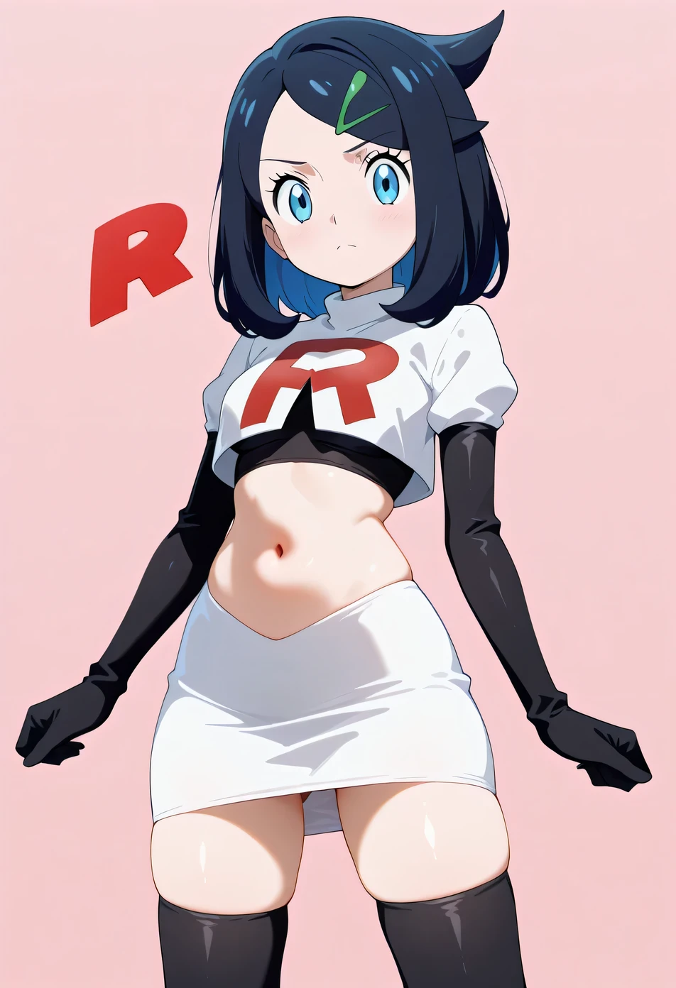 best quality,  good quality, incredible quality, very aesthetic, absurdes, masterpiece, 1girl, aaliko, cheveux moyens, cheveux noirs, colored inner hair, hairpin, yeux bleus, Team Rocket ,Team Rocket  uniform,jupe blanche,lettre rouge R,haut court,bottes hautes noires jusqu'aux cuisses,gants de coude noirs,  American Plan,