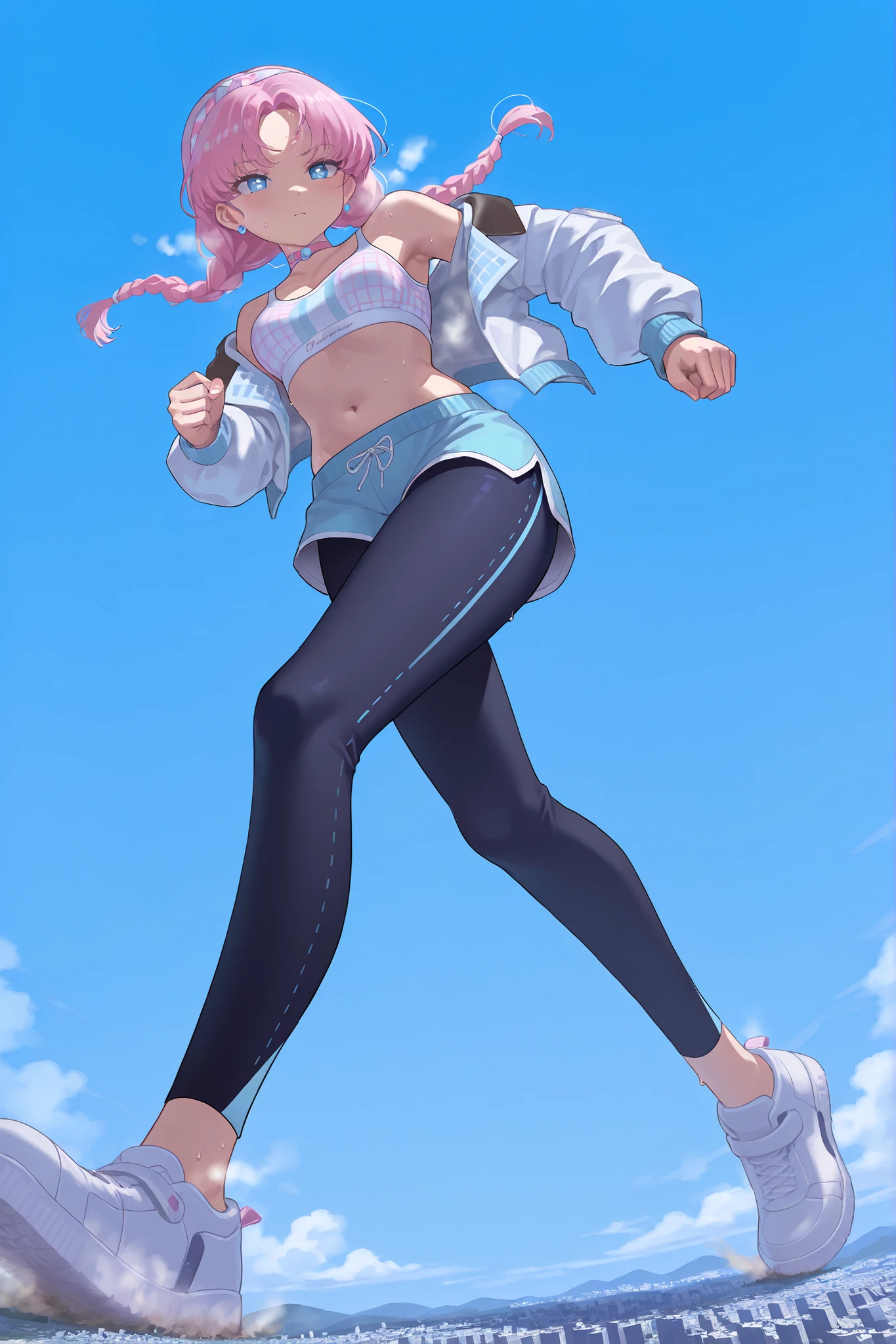 1girl, solo, blue_poison_\(shoal_beat\), blue eyes , pink hair , twin braids, hairband, earrings, pink choker, bare shoulders,sports bra,midriff,white jacket , open jacket, blue shorts,black leggings, sneakers , sweat, (giantess:1.4), microcity, Scattered City, running, Steam, Blue Sky, informal costume, navel, thighs, fullbody, panorama, pov, (from below:1.3),