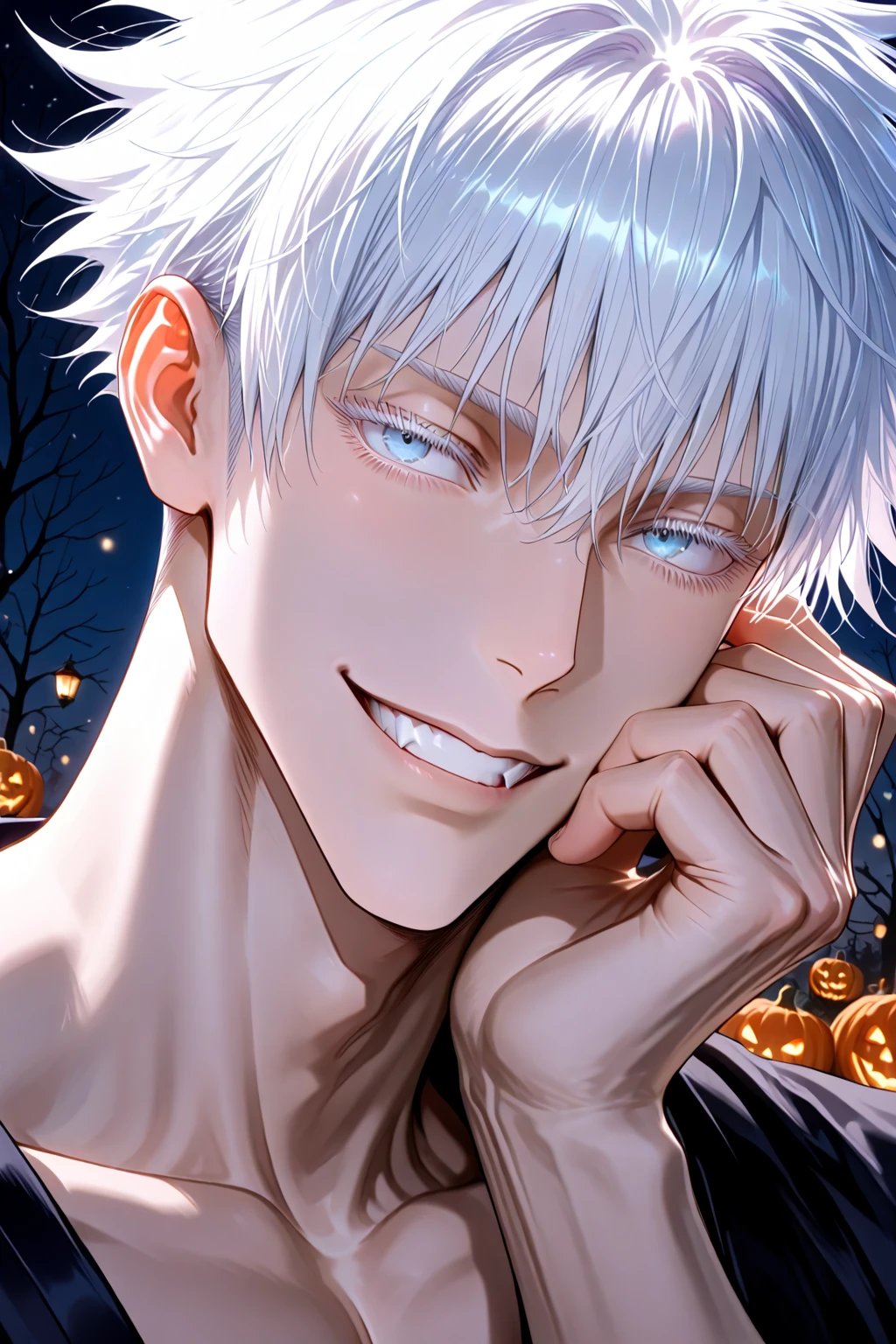 1 male, handsome Japanese male model, high resolution 4k, adult, perfect face, detailed eyes and face, muscular, white eyebrow hair, white eyelashes, ????? torso, Detailed face, perfect face, real skin texture, detail Perfect hand, details, Real and complete hand details, unreal engine, hd picture, satoru gojo, Jujutsu kaisen, white hair, short hair ,hair between eyes ,blue eyes, white skin, background Helloween, water details, pumpkin Halloween