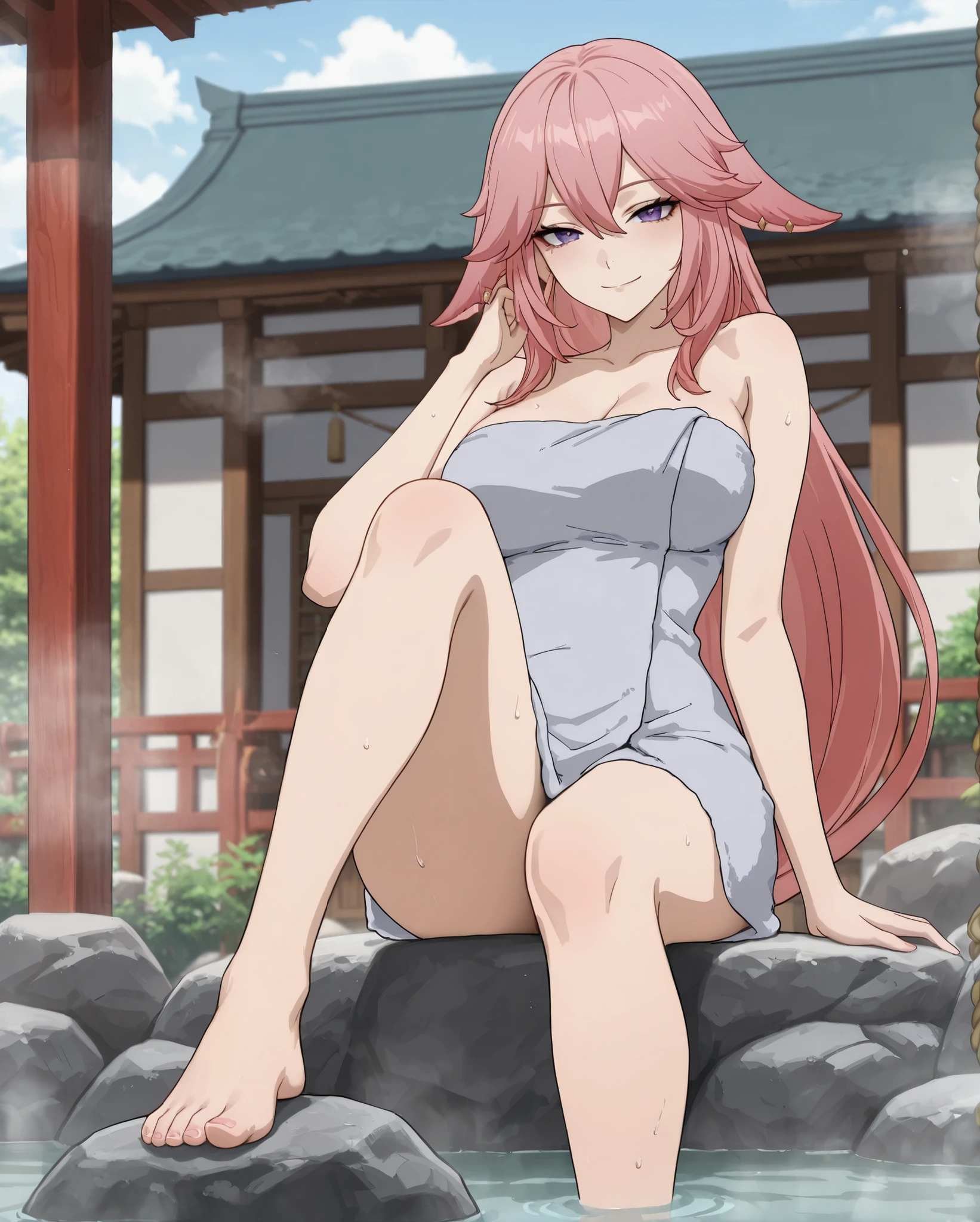 	Yae Miko \Genshin Impact\, 
pink hair, long hair, fox ears, 

naked towel, grey towel wrapped around body, no hair ornament, loose hair, 

happy, seductive expression, solo, 
sitting on rock, one arched leg, foot, looking at viewer, 

japanese shrine, onsen, steam, 
1 beautiful girl, 

Masterpiece, best quality, amazing quality, newest, very aesthetic, absurdres, aged up, mature female, womanly, anime style, 
