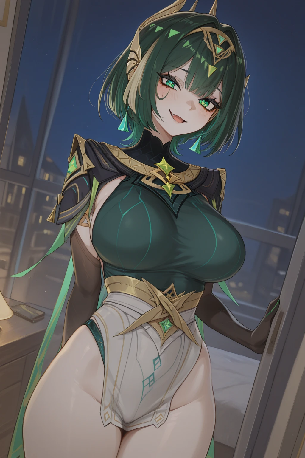 1girl,solo,super detailed skin,shiny skin,wet oily skin, natural face,eyelashes,lips gloss,pink and green hair,short hair,large breasts,unique and complex clothes ,dynamic angle,night fantasy town,masterpiece,best quality,ultra detailed,high resolution,sharp focus,depth of field