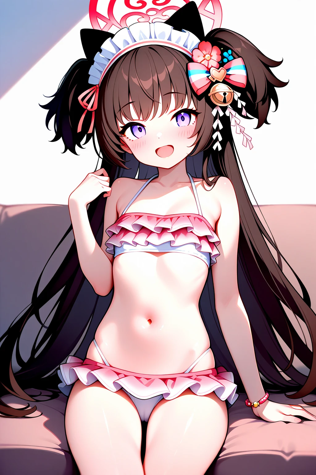 And soul、Stickers、1 beautiful girl、a bit、(((Baby Face、Baby Face、Baby Face、Ultra close-up photo of super flat ?????、Pink pajamaainly depicts super flat ?????、M-shaped feet、A compassionate smile、Ultra-flat ???????)))、blush、Sleeping together、short hair、White bra、Ultra-flat ???????の??