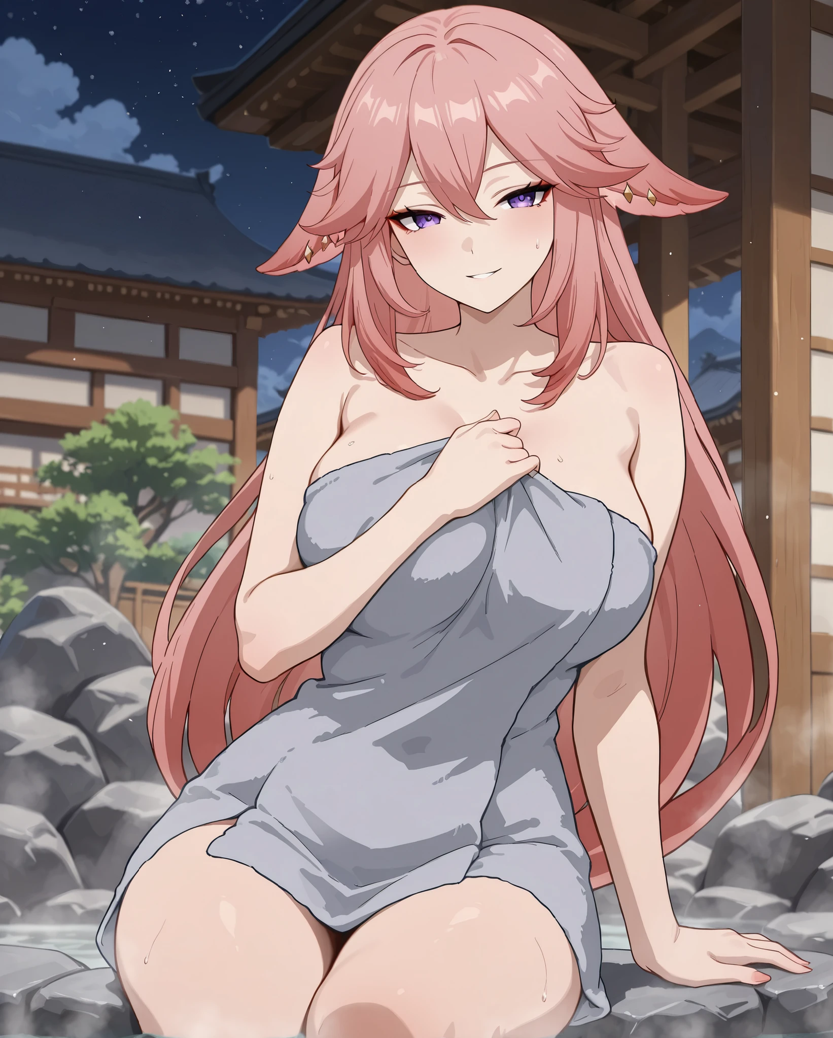 Yae Miko \Genshin Impact\,
pink hair, long hair, fox ears,
naked towel, grey towel wrapped around body, no hair ornament, loose hair,
happy, seductive expression, solo,
sitting on rock, looking at viewer, seductive pose, clothe malfunction,
japanese shrine, onsen, steam,
1 beautiful girl,
Masterpiece, best quality, amazing quality, newest, very aesthetic, absurdres, aged up, mature female, womanly, slender body, anime style,