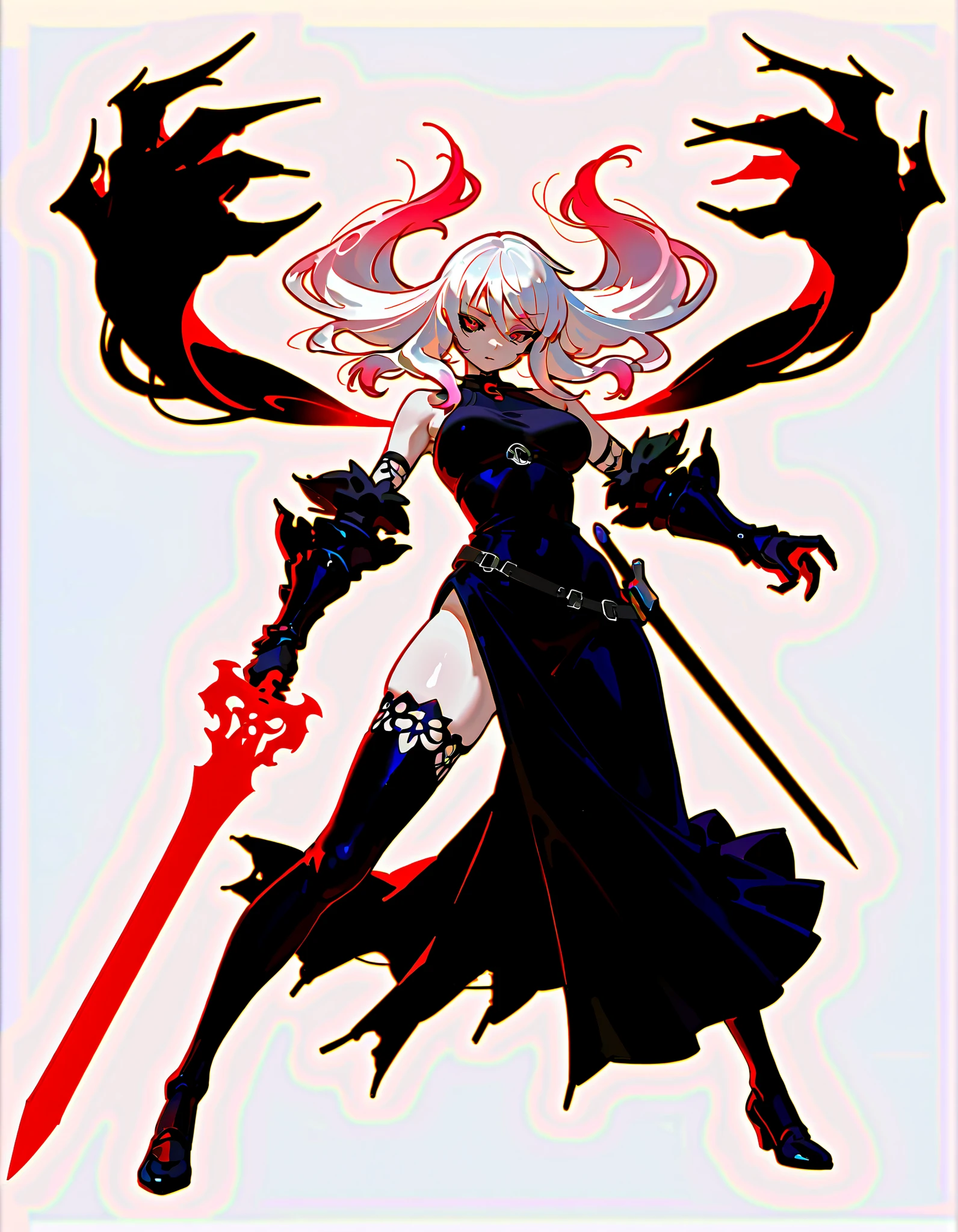 (((masterpiece))), (((Best Quality))), ((Ultra-detailed)), solo, Full body, fantasy undead wight fighter girl, white shaggy hair, glowing red eyes, black sclera, pale skin! Several swords, rusted to shreds, black thigh-highs, distorted gauntlets, clawed gauntlets, ((she is held both hands with twin long swords)), (slender), wearing ragged Harf-armor and distorted mournful black dress, long skirt, full body standing, Whole body, (((white background)))