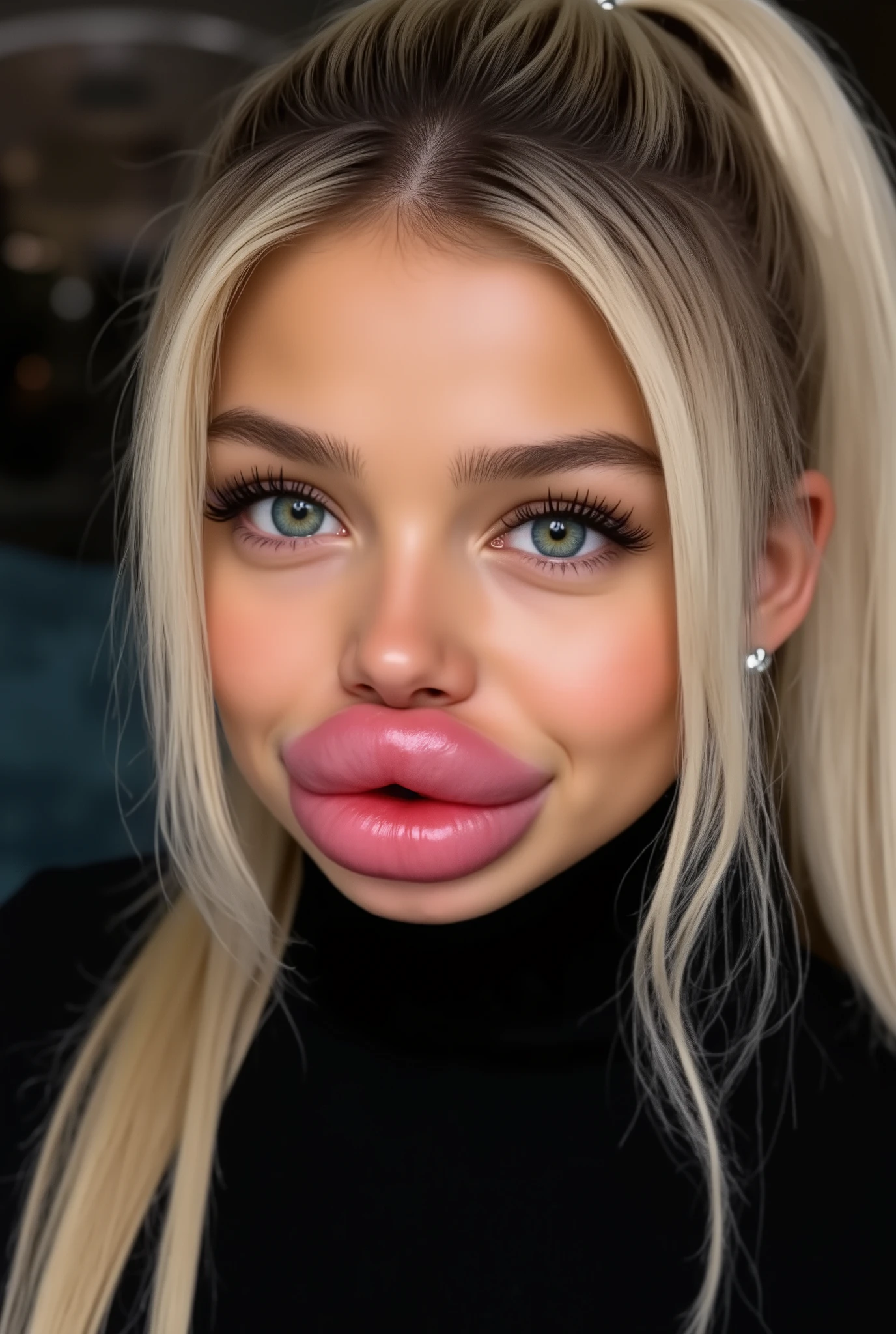 Ultra-realistic front view portrait of a super cute young woman in her 20s with platinum blonde hair with black roots in a ponytail. She has a cute slight smile on her face. She has a puffy face and long eyelashes. Her facial features are huge fake round bimbo lips, glossy and overfilled, and she has round cheeks. She Looks innocent. She is wearing a tight black ribbed wool turtleneck sweaster. She has bright green eyes. The lighting is soft and even, and the background is minimal, emphasizing her face and outfit. The style is high-end influencer aesthetic, ultra-detailed, photorealistic, cinematic 8k.
