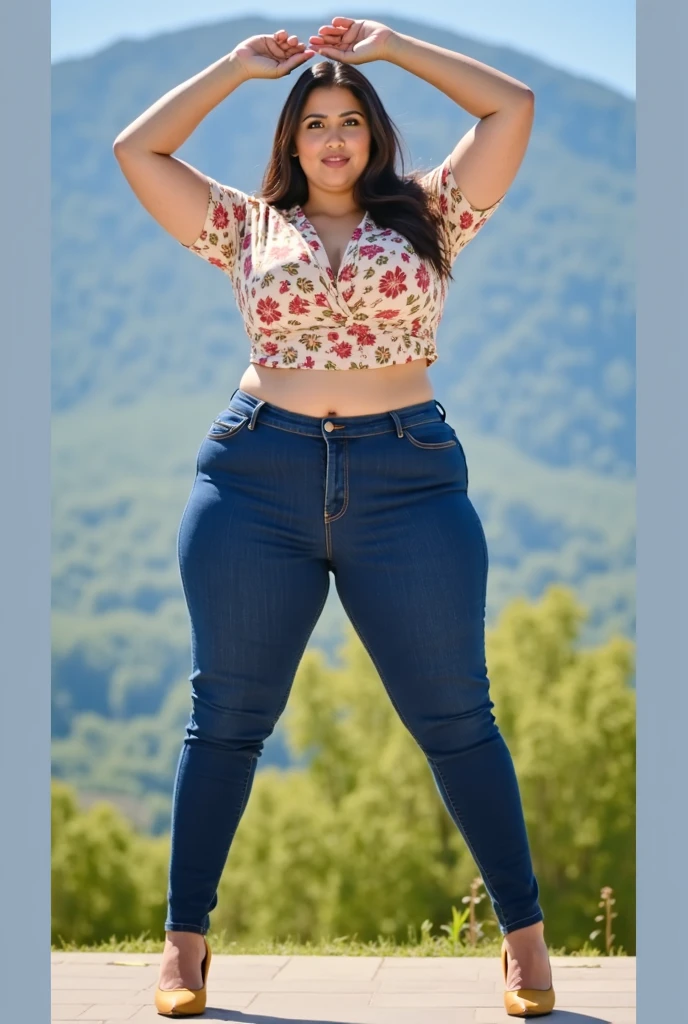 Full view High Resolution, HD quality,sexy its a side view  Indian plus size women, large round shape breast,deep cleavges in hour glass shape,  They are wearing a cropped, long-sleeved top with a textured pattern in shades of blue, grey, and white, which is buttoned up the front. The person is also wearing blue denim jeans that are cuffed at the ankles and nude-colored high-heeled sandals. Their right arm is raised, with their hand near their hair, while their left arm is slightly bent at their side. 
a person  standing outdoors on a paved walkway. 
The background features lush greenery, including trees and bushes, suggesting a park or garden setting. The lighting appears to be natural daylight.