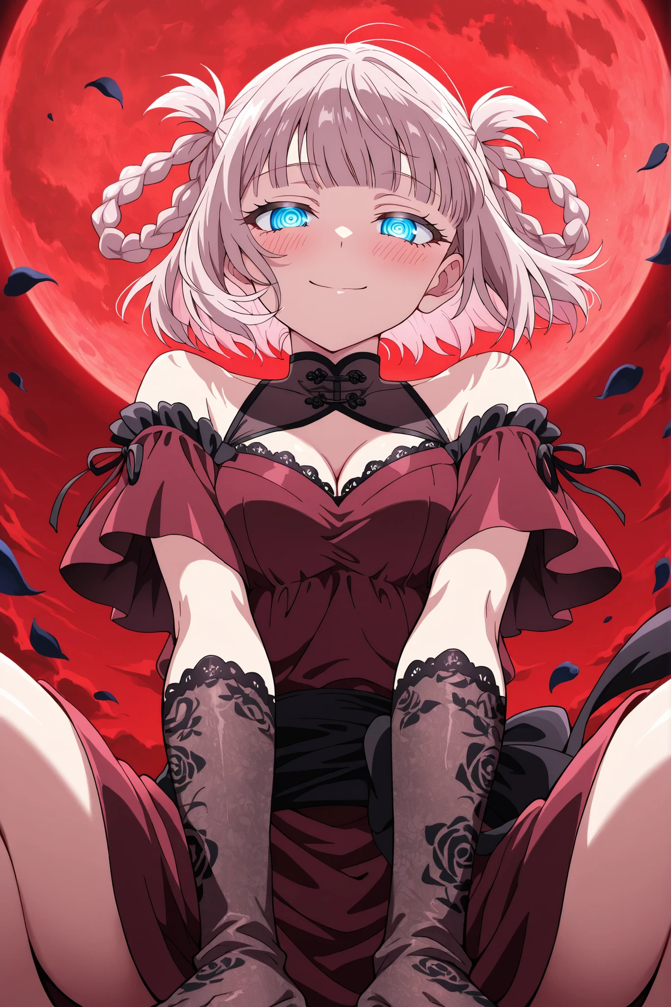 BREAK (masterpiece:1.2), best quality, high resolution,8k wallpaper, (illustration:0.8), (beautiful detailed eyes:1.6),Anime-style field of black roses stretching to the horizon under a deep red sky, rolling fog glowing faintly crimson, soft wind moving dark petals, surreal and poetic mood, no people,cleavage,medium , long dark-red dress with subtle transparency in the fabric, off-shoulder cut, black sash tied at the waist, hair slightly messy from the wind, delicate lace gloves, soft melancholic expression, nazuna nanakusa, short hair, bangs, blue eyes, pink hair, braid, blunt bangs, hair rings, ringed eyes,cowboy shot,looking at viewer,smile,blush,from below,sitting in a squatting pose, sensual curves emphasized,alluring gaze, detailed body,ultra realistic, 4k,
