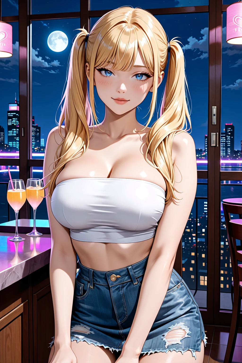 (Highest quality, 8k, 4K, High resolution, masterpiece:1.2), Very detailed, Anime Style:0.9, Realistic, Bright colors, Written boundary depth, Blurred Background, cowboy_shot, alone, 1 female, (Light brown hair, Long Hair, Asymmetrical bangs, Dark brown eyes), Beautiful facial details, Beautiful Eyes, Long eyelashes, Soft lips, (Small face), (smile:1.3), Rear View, Dynamic pose, ((Playboy Bunny, Fishnet tights:1.2, Bunny ears, High Leg, High Leg leotard, 白leotard:1.1, leotard)), bar, night club, night,