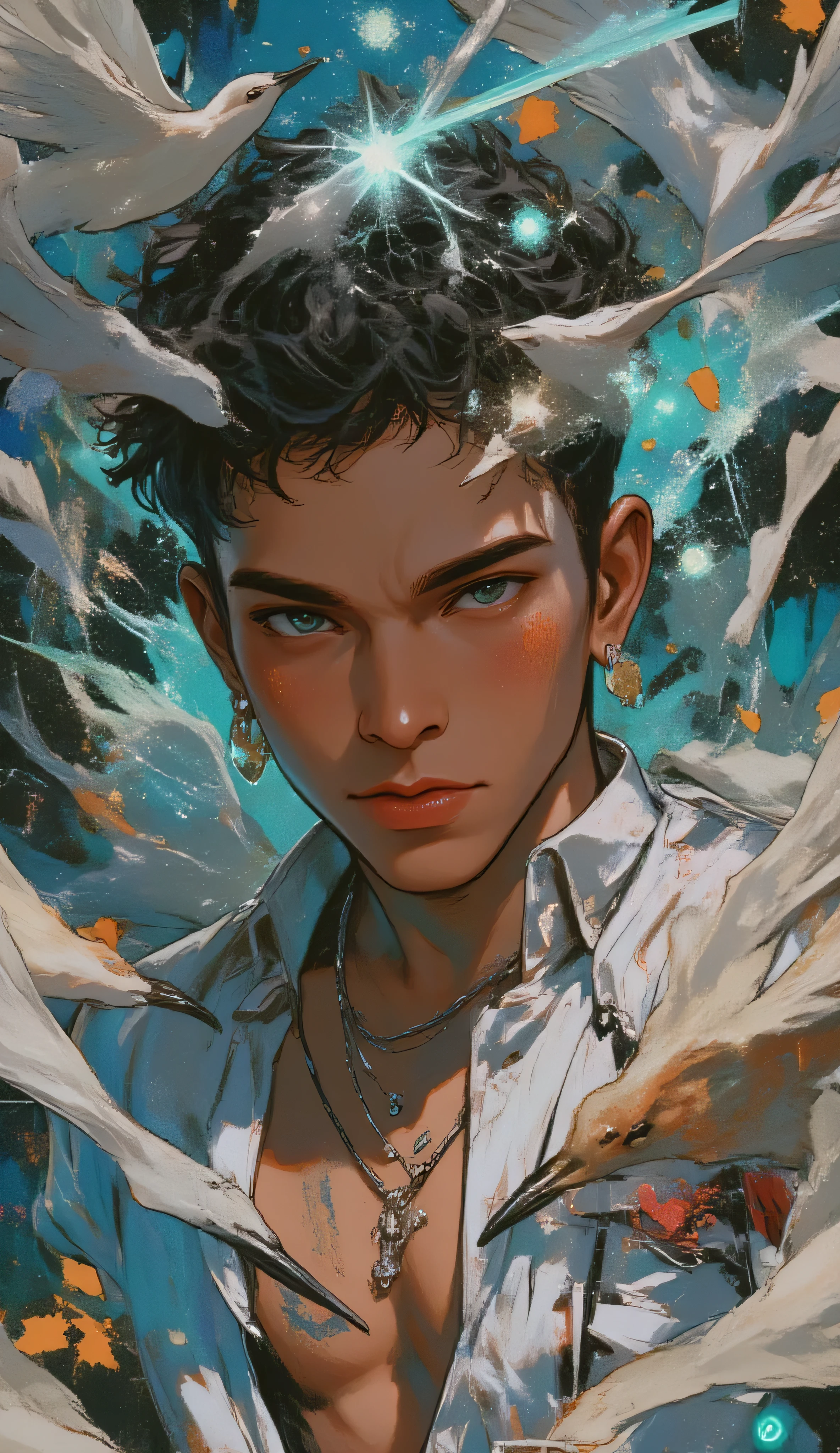 HOMEM LATINO AMERICANO, NEGRO DE PELE PARDA, surrounded by glowing orbs of azul and cinza energy, guindastes flying around him, e símbolos abstratos como lagartos e formas geométricas. sua expressão é profunda, introspectivos — representando “O mundo interior LGBTQIAPN+”. A composição parece uma nova capa de álbum, a contemporary mixed-media colagem with surreal elements, alta definição, texturas detalhadas, equilíbrio artístico e poderosa presença emocional. título: 'Olhe para mim'. paleta de cores: ARCOÍRIS.   Crazy woman by tatuagem Artist ,O homem disse 「Qual design você usa」,preto,cinza,azul, surreal colagem ARCOIRIS、a contemporary artistic colagem、colagem artwork、  nova capa do álbum  、 Ótimo trabalho !! 、digital colagem、(colagem )、colagem art、contemporary colagem、mixed media colagem、  surreal +      is alta definição 、  Estilo surreal、conversível、    Chame-o de Mundo Interior de arte、olha pra mim、tatuagem, tatuagem Machine , Catálogo de Design ,Lagarto , Alinhamento ,guindastes, esferas de energia brilhante