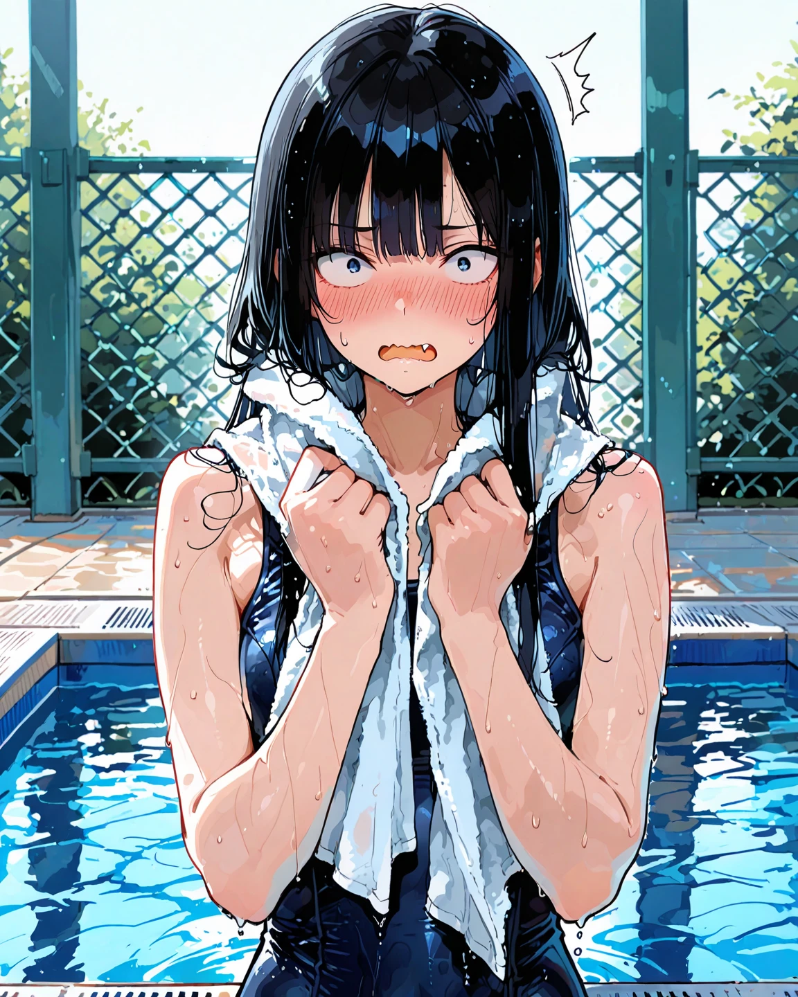 1 girl, detailed blue eyes, lange wimpern, detailed beautiful face, (Long black hair:1.4), (arms behind back:1.6), gefesselte Arme, Red rope, blushing, (Big :1.2), (weißes Hemd mit schwarzer krawatte, black skirt, black Long socks, school girl, 18 jears old:1.6), OTN, Gag, gagged, , liegend im wasser, nah aufnahmen, wet clothes, laying in beaxh water