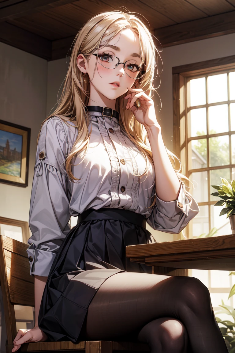 Masterpiece, 最high quality, high quality, High resolution, high quality texture, high quality shadows, High resolution, Beautiful details, Detailed CG, Detailed Texture, Realistic representation of face, Realistic, colorful, delicate, Cinematic Light, Side light, Lens flare, Ray Tracing, sharp concentrated, (1 Girl,concentrated:1.3), ( Intricate details, compensate, PureErosFaceV1:0.5), (細部まで美しいdelicateな顔, 緻密で美しいdelicateな瞳, Perfect  Proportions, Dense skin, Optimal ratio of four fingers to one thumb, Arms under chest, Modest chest, Wide Hips, Smooth upper abdomen, 30 years old, blue eyes, glasses,cabin attendant uniform,white blouse,tight fitting black skirt,black stockings, excellent secretary ,working as a secretary, wooden desk, wooden chair, house wife, the gaze of true love, lips of temptation, A look full of compassion ,a smile full of love, i love you, Acting lovey-dovey, air fortress hair, blonde hair, I love you so much I'm crazy,i love you