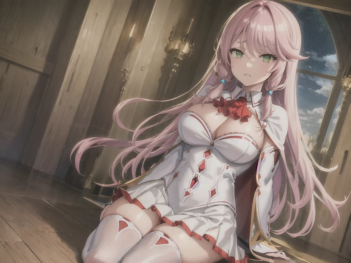 best quality,expressive eyes, perfect face, looking at viewer, 1girl, long hair,pink hair, pink eyes, inner circle in eyes, two strands parted,partially exposed forehead,white collar choker,light pink gloves, red corset,overbust corset, pink frilly bra on corset, short red heels, broken cuffs on ankles,broken cuffs on wrists,gray stockings with pink frills and suspenders,pink frilly skirt,red cloak with hood,complex, dramatic lighting, rim lighting,outdoors,garden,sunset