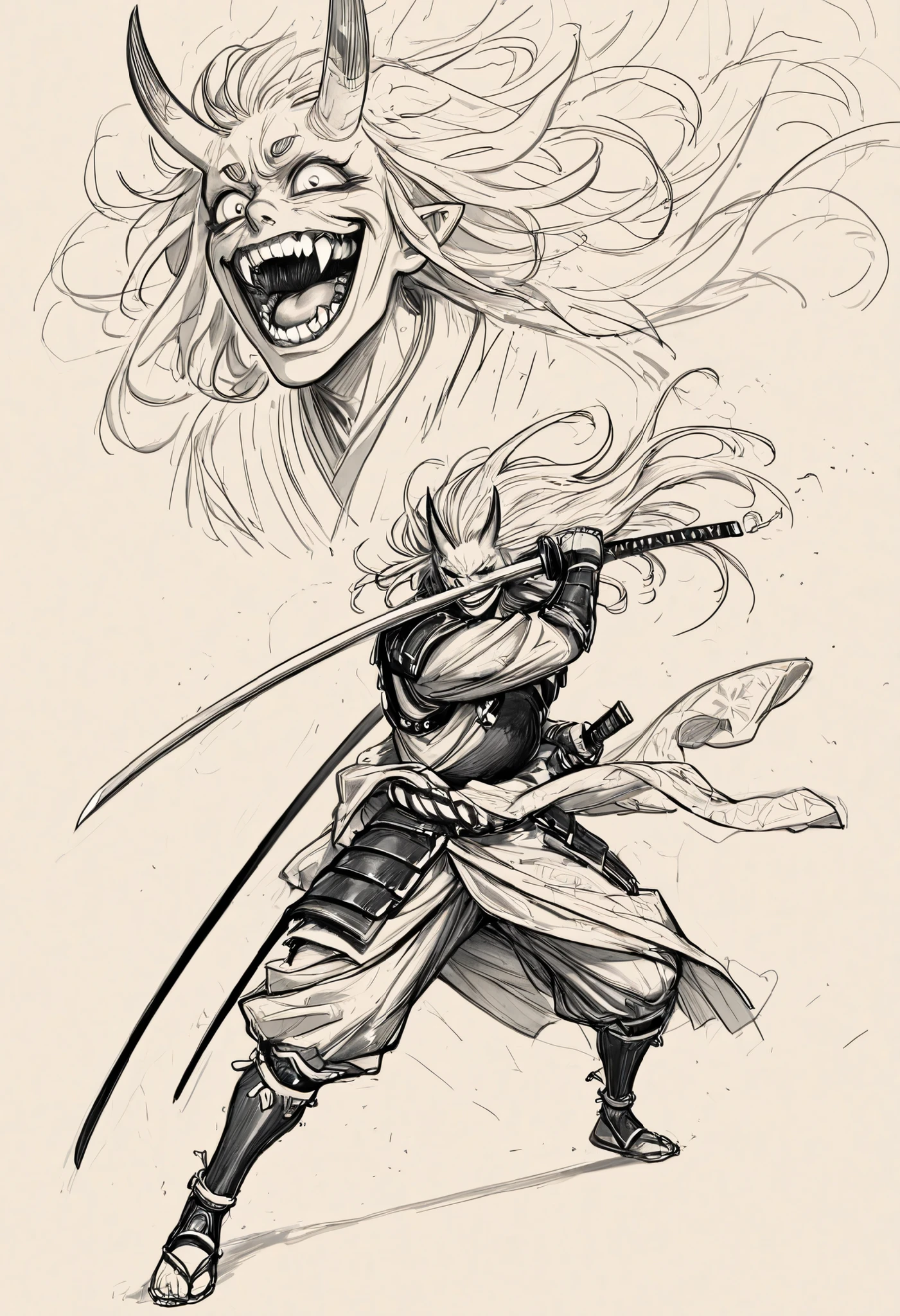 Game monster, sketch, concept art, Twisted human face with crazy smile and oni teeth, floating hair, demon oni fangs, japanese folklore ONI, Oni, kimono and feudal battle armor, Katana , long thin body, floating hair, on plain white canvas, rough, thin lines, 2d, concepts art, Masterpiece, incredible quality, perspective, standing still pose, Dutch angle,Alone , grew old, brutal, cunning, man