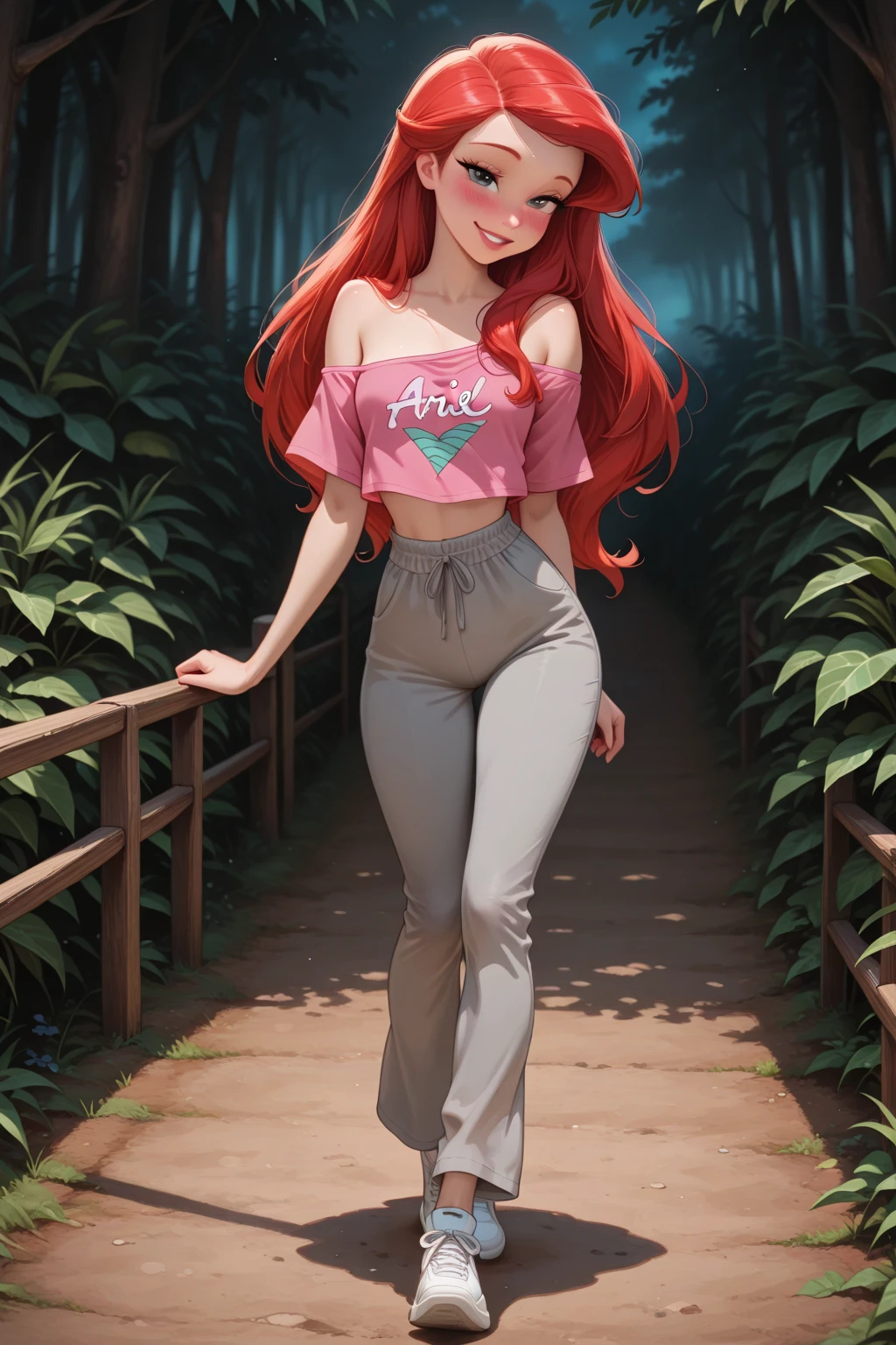obra maestra, Mejor calidad, ultra detallado, bloom, mqmf, cara madura, alto, grueso, pelo naranja, ojos azules, golpes, pelo largo, atuendo casual, croptop, camiseta azul, Manga corta amarilla, vaqueros ajustados, pantalones, de pie, Sonrisa, en el bosque, tiro de vaquero, Realista, volumetric lighting, detalles intrincados, mapeo de tonos, Sharp focus, hiper detallado,