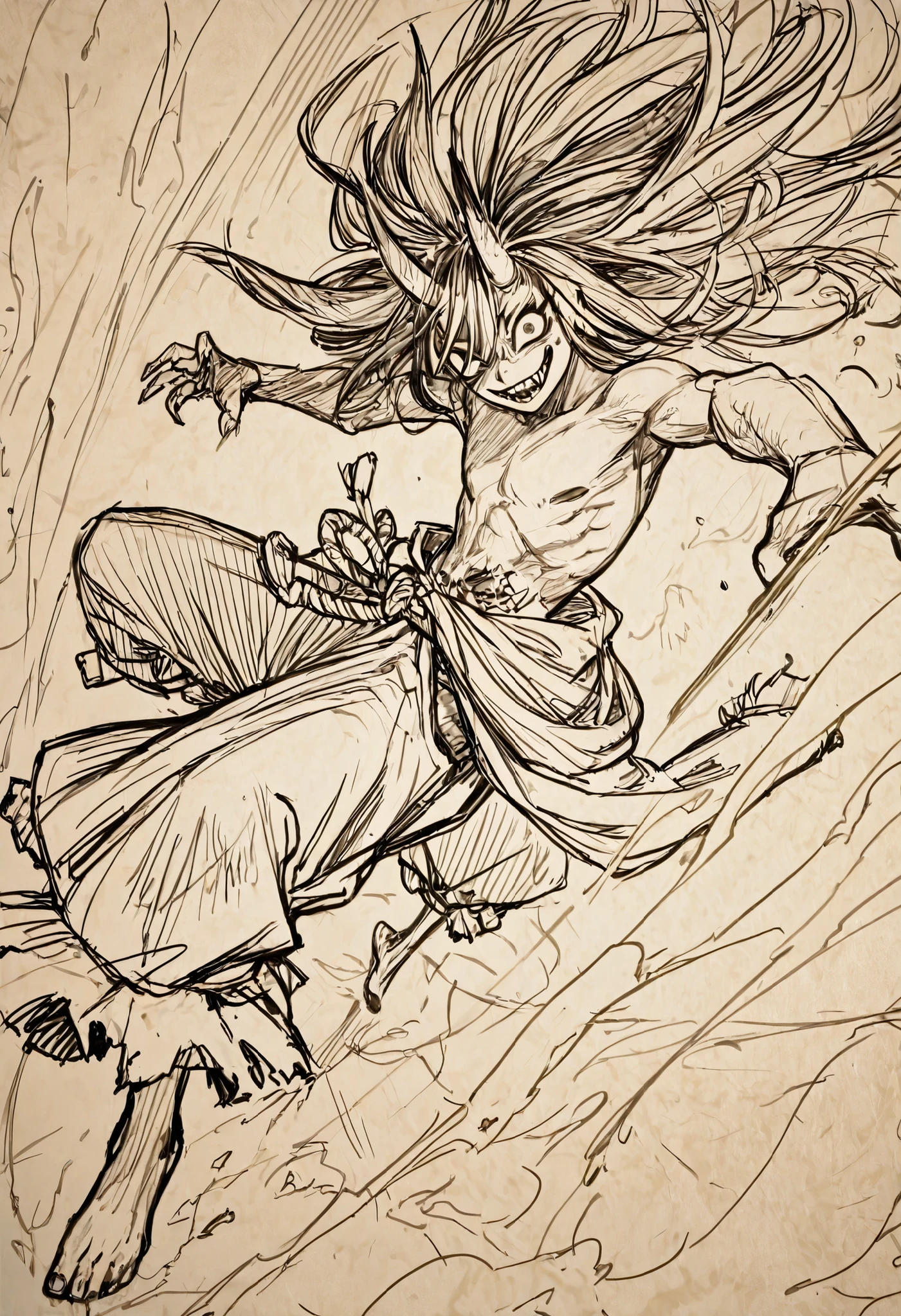 Game monster, sketch, concept art, Twisted human face with crazy smile and oni teeth, floating hair, demon oni fangs, japanese folklore ONI, Oni, bare chested, long thin body, floating hair, Wide pants ripped off, Japanese rope knot around the waist, bare feet, on plain white canvas, rough, thin lines, 2d, concepts art, Masterpiece, incredible quality, perspective, standing still pose, Dutch angle,Alone , grew old, brutal, cunning, man