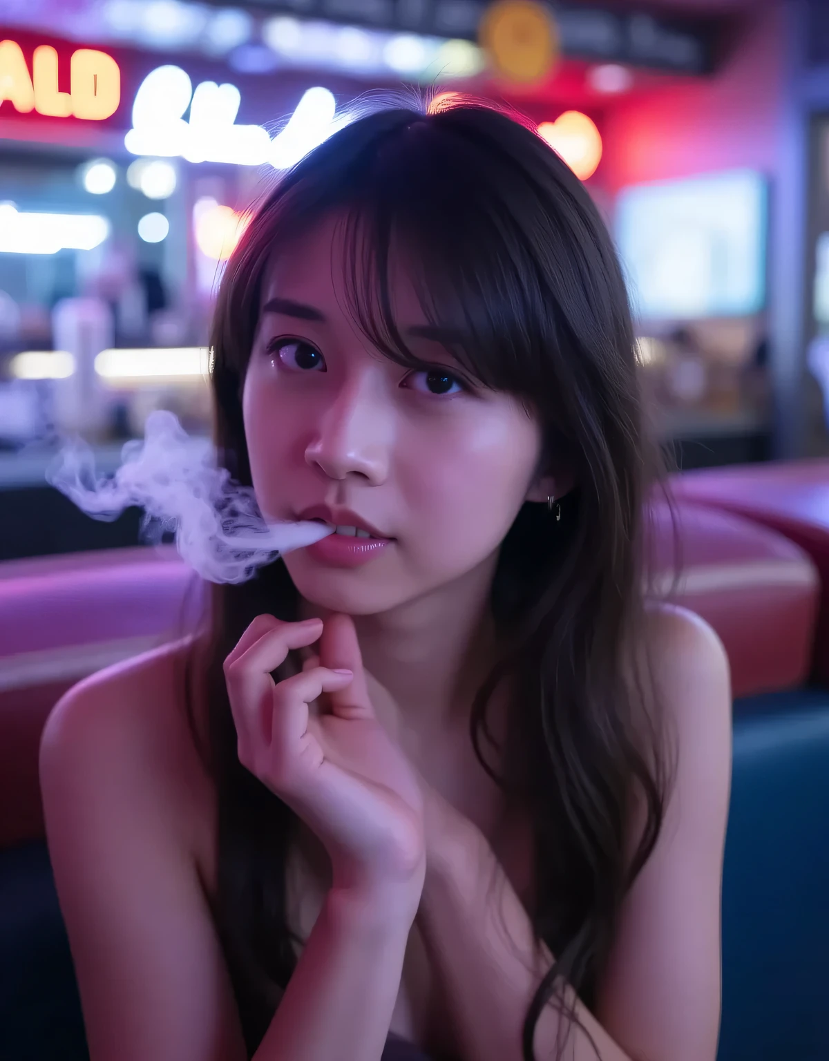 #Quality Settings   
(Highest Quality:1.4), (photorealistic), (ultra high resolution), (Soft Shadows), (Neon lighting), (Smoke effects)

#Subject Settings  
(20〜28 year old Japanese woman:1.3),(Baby Face), (urban atmosphere), (1 person), (is sitting), (Full body or upper body),(Slightly low angle or close composition with dimples formed with a smile),

#hairstyle/clothing  
(((Random hairstyles:1.4))), (curly hair,  long, Semi-bob, putting hair together on one side),  (pink hair color),
(((club style or mode clothes:1.5))),  (earrings or necklace)

#situations  
(((Shisha bar interior:1.5))), (Dark Atmosphere), (counter seat or sofa seat), (with a shisha body at hand:1.5), (((smoke coming out of the mouth:1.4))), (relaxing gestures)

#Background/lighting  
(moody lighting), (neon light or indirect lighting), (reflection of glass or mirror), (Smokehouse Floating Space), ((( night bar vibe )))

#Camera Composition   
(3:4), (interior), (Low angle or close composition), (strong contrast between light and smoke)