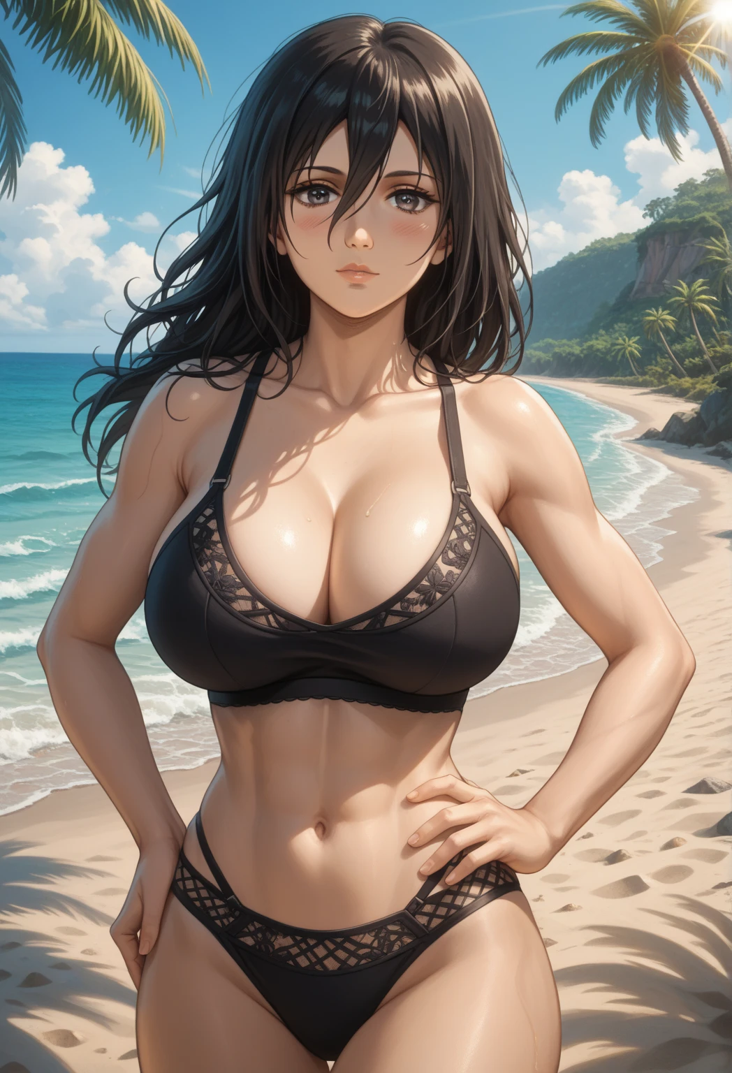 score_9, score_8_up, score_7_up,  source_anime,  BREAK solo, 1 girl,  <lora:WETRubyMalone:1>, RMWT, black hair, grey eyes,medium hair, hair over one eye, dog tags,  annoyed, blushed, arm under breasts, black bikini top, denim shorts, breasts, beach, looking at viewer, thighs,