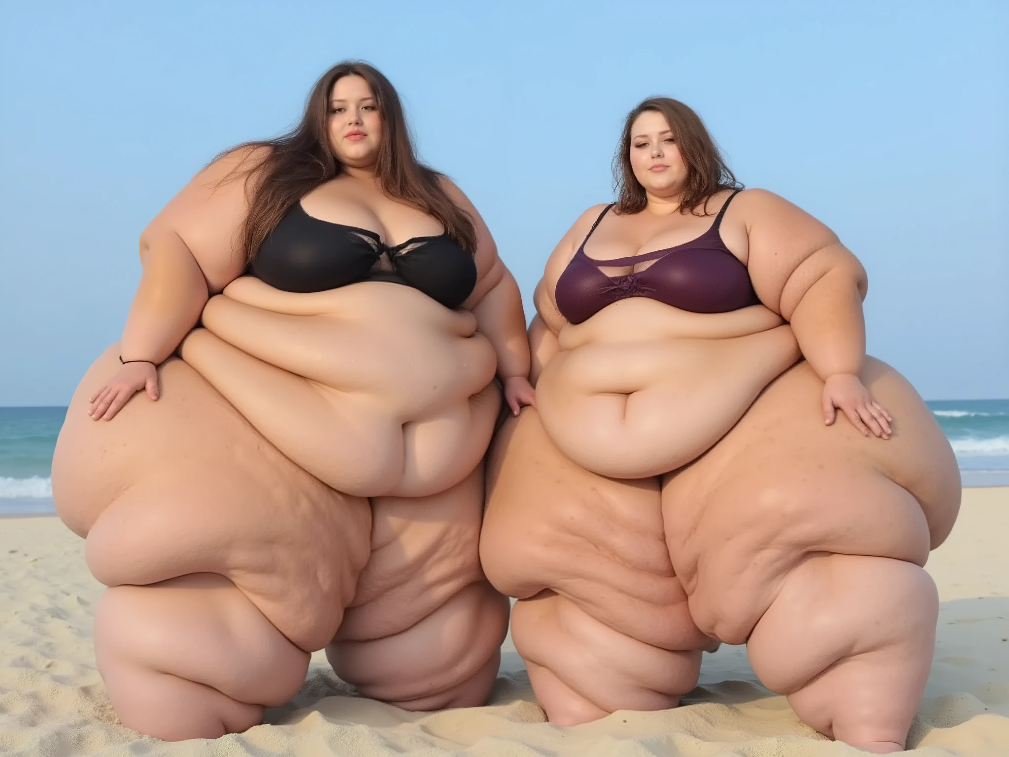 Two extremely beautiful, extremely morbidly obese, extremely plus-sized, extremely plus-size, women, hyper USSBBW, teenagers, wearing skimpy bikinis. Standing on a sunny beach, posing confidently for a picture, full-body view, high detail, realistic style, photorealistic, 8k resolution, realistic skin with cellulite