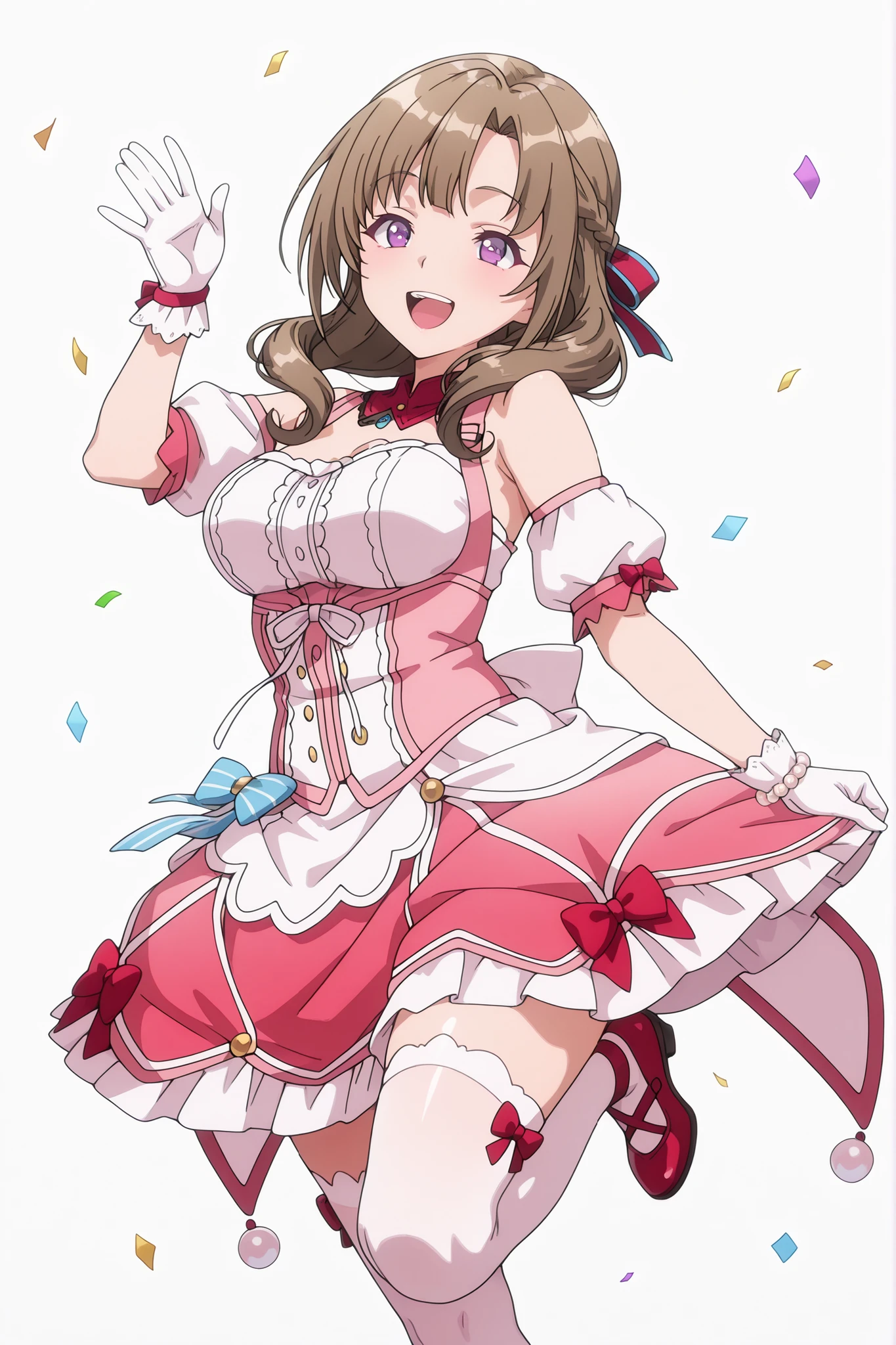 An anime girl with brown hair, dressed in a vibrant, frilly outfit, strikes a cheerful pose as golden flakes float around her against a plain white background. The central figure is an anime-style girl with shoulder-length, light brown hair that has some subtle light purple tips and is styled with gentle waves and curls. She has large, expressive purple eyes and flushed cheeks, indicating excitement. Her mouth is open in a wide, joyful smile, revealing her teeth. She is wearing a whimsical, multi-colored costume with a white ruffled top showing her shoulders and part of her chest, layered over a pink and light blue striped bodice adorned with three light blue bows and delicate beaded chains. The skirt of her outfit is short and very flouncy, featuring layers of white, light purple, and pink ruffles. On her right arm, she wears a white glove with a ruffled cuff and a small pearl bracelet, while her left hand is raised in a waving gesture, also covered by a white ruffled glove. She is wearing white thigh-high stockings with red ruffle and bow accents, and red pointed-toe shoes with matching red bows on the straps. Her posture suggests movement, perhaps dancing or jumping, with her body angled and her left leg extended, conveying energy and enthusiasm. Around her, numerous small, rectangular golden flakes or confetti are scattered, creating a celebratory or magical atmosphere. The background is a clean, solid white, which makes the colorful character and the golden flakes pop. The overall mood of the image is joyful, energetic, and playful, reminiscent of an idol performance or a festive celebration, oosuki mamako, white background, ,1girl, solo, oosuki mamako, long hair, brown hair, drill hair, half up half down braid, hair ribbon, curtained hair, purple eyes,  flat color style, simple coloring style,
