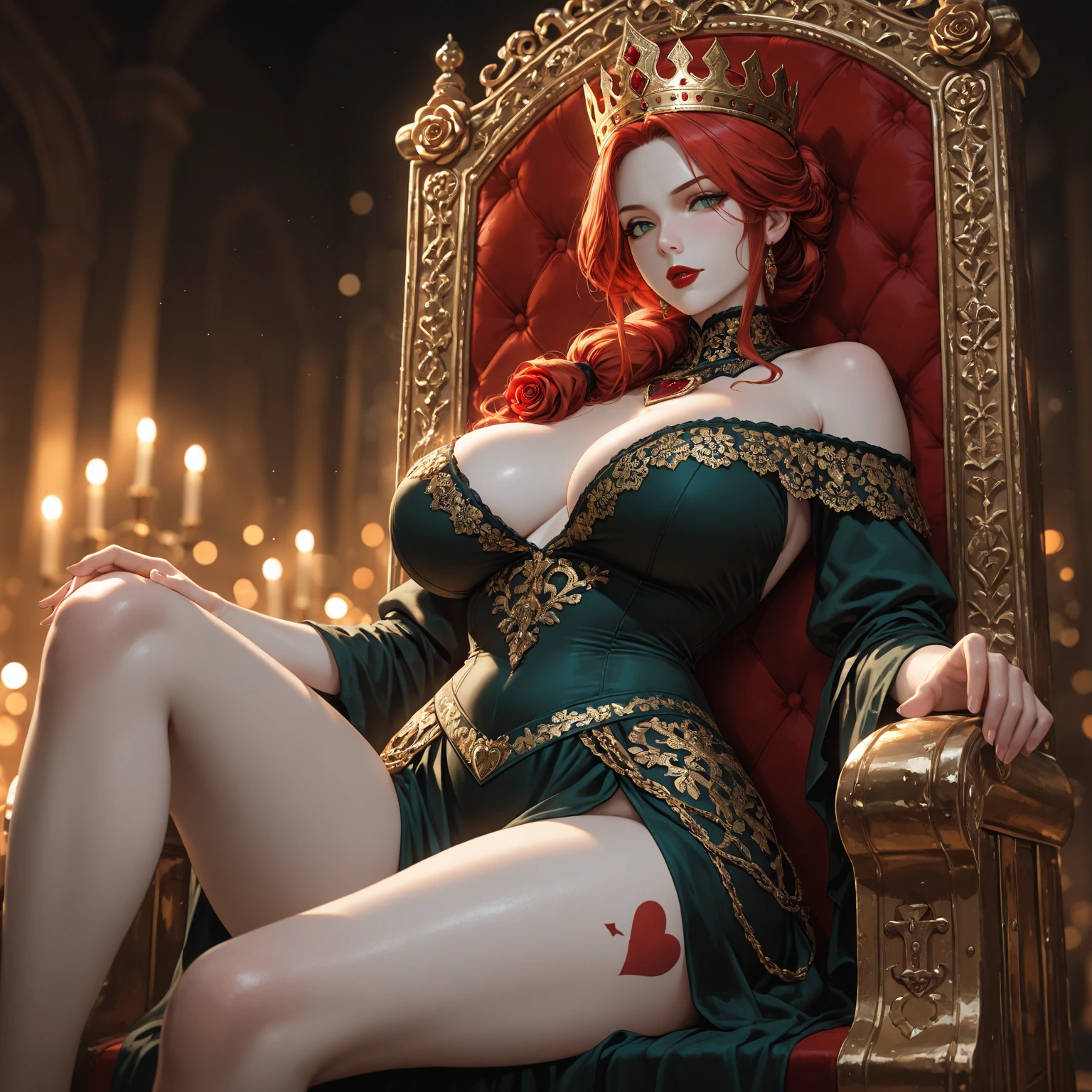 ((???? tall german queen)) ((beautiful face)) ((wide happy smile)) (freckles) ((red gloss lipstick)) ((very dark eyeshadows make up)) ((detailed eyes))((big bright green eyes)) ((very long messy light redhead hair)) ((sensual lips)) ((very ???????????:1.5)) ((perfect slender body torso1.3)) (((?????????, ???? body, showing ????? and ???????))) ((majestic crown, jewelry)) ((choker, earrings, stocking)) ((queen posing ???? inside studio with lights reflectors on her, royalty throne room decoration))(high resolution, dynamic shadows)((photorealistic:1.5)) ((masterpiece:1.3)) (8k) (perfect face) ((best quality:1.4)) (perfect hands and eyes)