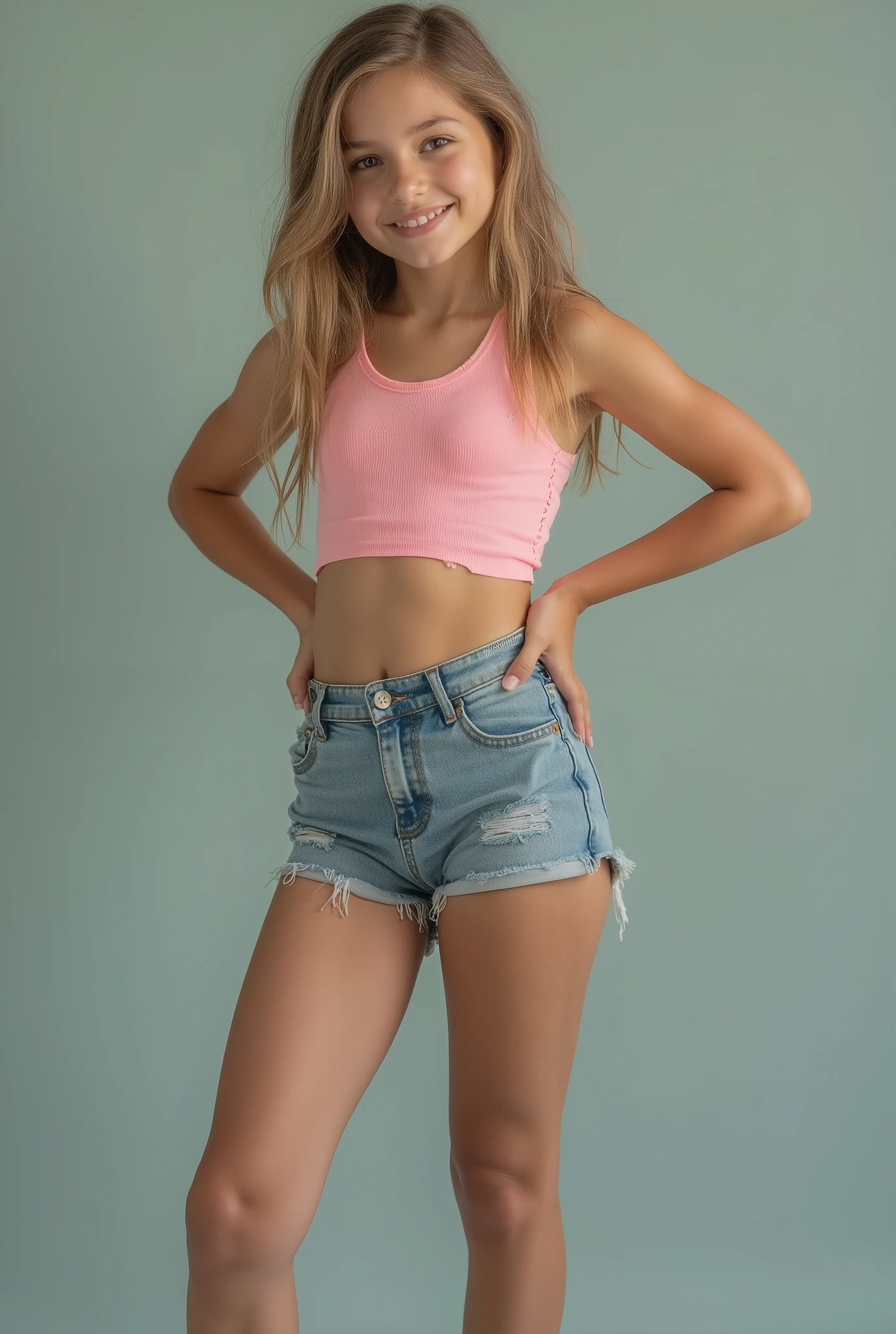 Full body image in ultra high resolution and ultra realistic definition Of a 13 year old blonde Brazilian girl, she have bubble butt and is wearing tight denim shorts and a lycra cropped tank top. She is smiling with her hands on her waist posing looking to the camera