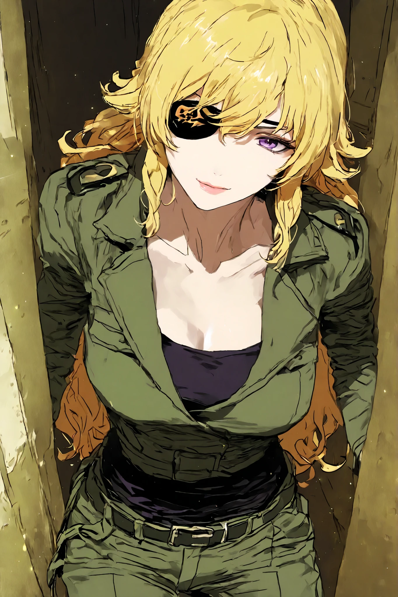 illustration, yang xiao long, 1girl, solo, purple eyes, one eye patch, blonde hair, wavy hair, long hair, wearing military green cargo pants, a black and long sleeve shirt, like a ninja
, , exposed collarbone, rebellious and alluring expression sharp and defined facial features,  moody cinematic lighting with deep shadows and subtle rim light, atmospheric volume fog and dust particles, high-detail linework and painterly textures, dynamic composition, raw and intense urban vibe, high quality, finely detailed textures, dramatic contrast, illustration style, 4k, small smile at the corner of her lips, half sadistic, half psycho, confident, perfect, looking to the viewer, beautiful, stunning, like a protagonist