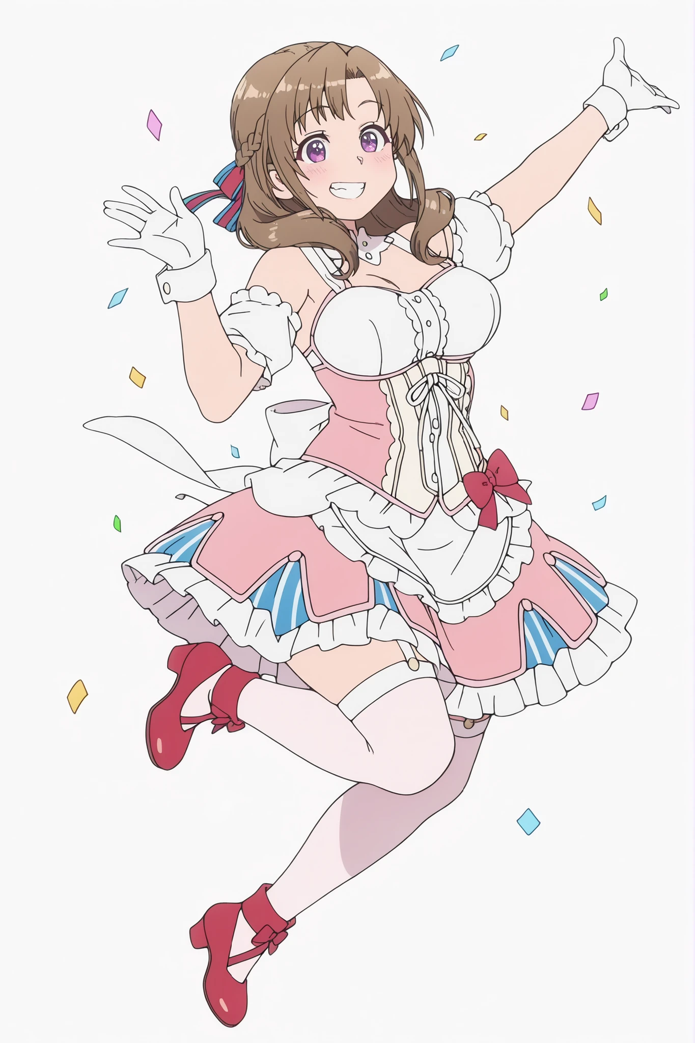 Mamako Oosuki,simple_anime,An anime girl with brown hair, dressed in a vibrant, frilly outfit, strikes a cheerful pose as golden flakes float around her against a plain white background. The central figure is an anime-style girl with shoulder-length, light brown hair that has some subtle light purple tips and is styled with gentle waves and curls. She has large, expressive purple eyes and flushed cheeks, indicating excitement. Her mouth is open in a wide, joyful smile, revealing her teeth. She is wearing a whimsical, multi-colored costume with a white ruffled top showing her shoulders and part of her chest, layered over a pink and light blue striped bodice adorned with three light blue bows and delicate beaded chains. The skirt of her outfit is short and very flouncy, featuring layers of white, light purple, and pink ruffles. On her right arm, she wears a white glove with a ruffled cuff and a small pearl bracelet, while her left hand is raised in a waving gesture, also covered by a white ruffled glove. She is wearing white thigh-high stockings with red ruffle and bow accents, and red pointed-toe shoes with matching red bows on the straps. Her posture suggests movement, perhaps dancing or jumping, with her body angled and her left leg extended, conveying energy and enthusiasm. Around her, numerous small, rectangular golden flakes or confetti are scattered, creating a celebratory or magical atmosphere. The background is a clean, solid white, which makes the colorful character and the golden flakes pop. The overall mood of the image is joyful, energetic, and playful, reminiscent of an idol performance or a festive celebration, oosuki mamako, white background, ,1girl, solo, oosuki mamako, long hair, brown hair, drill hair, half up half down braid, hair ribbon, curtained hair, purple eyes, flat color style, simple coloring style,