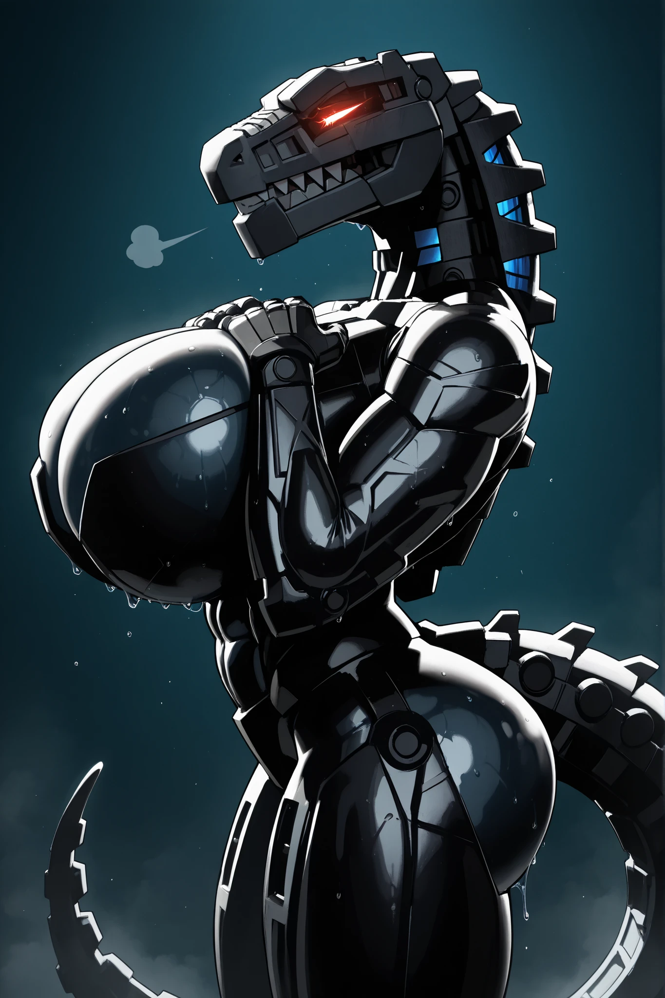 l3g0, masterpiece, best quality, amazing quality, very aesthetic, high resolution, highly detailed, high quality, krekkov style, score_9, score_8_up, score_7_up , solo, muscular, roodaka, bionicle, anthro, dinosaur, lidded eyes, annoyed, glowing eyes, seductive pose, abs , breasts exposure, narrow waist, shiny body, metallic body, oiled body, jewelry, clothed, standing, gigantic breasts, gigantic thighs, sweaty, dripping, tail, hands over chest, side view, arched back