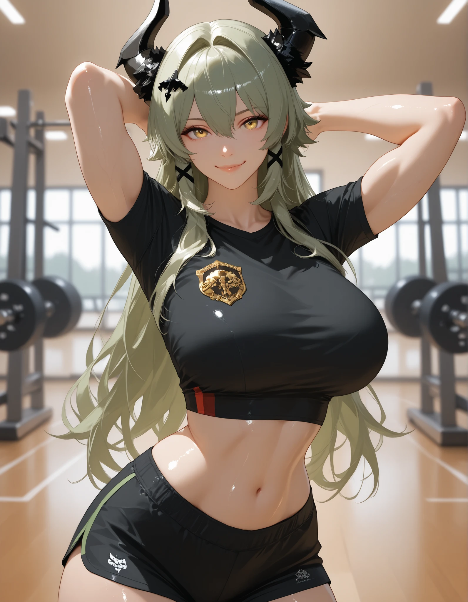 score_9, masterpiece, top quality, vibrant, Very Aesthetic, High Contrast , Semi-realistic, , natural light, <lora:caesar-king-ponyxl-lora-nochekaiser:1>, caesar king, green hair, long hair, hair between eyes, sidelocks , yellow eyes, hair intakes, emblem, black horns,, large breasts, black shirt, , athletic body, smooth muscular midriff, wide hips, thin waist, thick thighs, sexy smile,, shiny skin, seductive, , vivid colors,, , dynamic pose, ,shiny skin, look at viewer, perfect anatomy, indoors, , blurry background, black shorts, sport clothes, perfect hand, gym, indoors,, upper body, portrait, look at viewer,