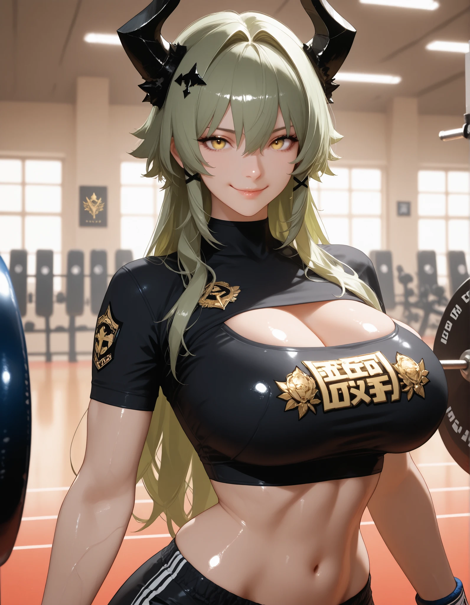 score_9, masterpiece, top quality, vibrant, Very Aesthetic, High Contrast , Semi-realistic, , natural light, <lora:caesar-king-ponyxl-lora-nochekaiser:1>, caesar king, green hair, long hair, hair between eyes, sidelocks , yellow eyes, hair intakes, emblem, black horns,, large breasts, black shirt, , athletic body, smooth muscular midriff, wide hips, thin waist, thick thighs, sexy smile,, shiny skin, seductive, , vivid colors,, , dynamic pose, ,shiny skin, look at viewer, perfect anatomy, indoors, , blurry background, black shorts, sport clothes, perfect hand, gym, indoors,, upper body, portrait, look at viewer, boxing golve,s,