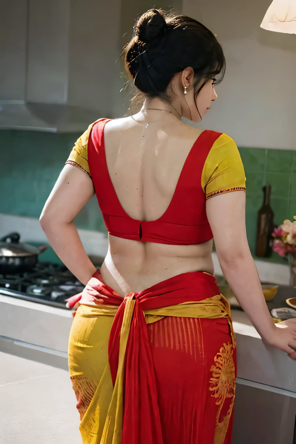 A mature Indian woman, extremely chubby figure, fatty woman, gigantic breasts, inside a kitchen, standing infront of a kitchen gas stove, cooking on the gas stove, cooking curry, a pan on the gas stove, modern kitchen interior, professional lighting, gradient background. Well lit room, Super curvy figure, well-defined curves, beautiful breasts, gigantic breasts, perfectly shaped real breasts. Photorealistic, ultra-realistic real-life woman, ultra 4k quality, 8k, high resolution, ultra-detailed, Hd image quality, 4k image. extremely detailed skin, realistic skin texture, shiny wet skin, detailed sweaty skin, sweating heavily, (soaked in sweat :1.2). Her hands are perfectly shaped, perfect fingers, perfectly shaped head features, hairbun, professional hairbun, light jewelry. Wearing a cotton blouse, red blouse, short blouse sleeves, red cotton blouee, woman in saree blouse, thin cotton saree, light colour saree, dot printed, casual plain cotton saree, saree border, realistic thighs. thick chubby ass, Extremely sweaty skin, sweating heavily, fatty ass, long earring, bangles on hand, wearing a necklace, sweating heavily, sweat drops on back, sweating skin. Backview, view from back, detailed back view, detailed saree on ass, proper saree, perfectly drapped saree on back, thick ass, proper saree on ass, smooth spotless skin, Backshot, candid photography, candid backshot, extremely chubby figure, fatty curvy back, proper saree on waist, ultrablow waist saree, backless blouse, thin blouse strap, slim blouse, shiny skin, oiled skin, back closeup, closeup view of back