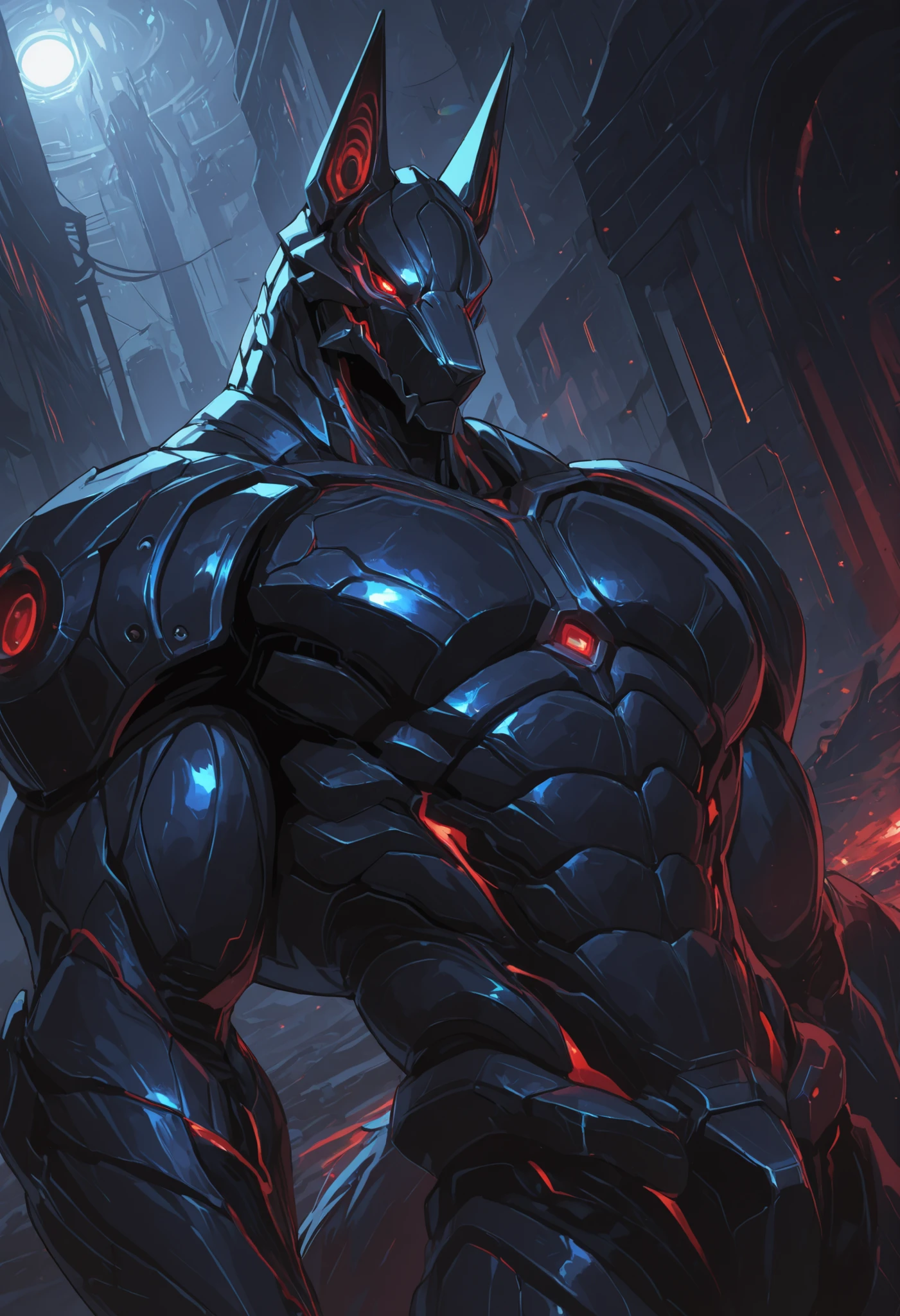 score_9, score_8_up, score_7_up, score_6_up, score_5_up, score_4_up, gigerworld, anthro jackal, heavy armor under the jacket, bulky, wide chest, monstrous
cybrog, anthro, jackal, male, Muscle, Delicate face, Delicate eyes, 1 big tail, (glowing LED), rubber goo body, evil looking, crimson glowing eyes, black steel scales, black and evil armor, futuristic evil armor, heavy armor, snout-cover armored mask, faceless head, balanced physique, muscle-shaped armor, war machine, muscular physique, thick arms and legs, claws, warframe, cyborg,
hands behind the back, levitating, advanced and stylish design, dutch angle, portrait, upper body focus, minute details, detailed background, newest, debris, ruins, underground laboratory, extremely detailed CG unity 8k wallpaper, realistic, masterpiece, highest quality, realistic, masterpiece, highest quality, lens flare, unreal engine, trending on ArtStation, Intricate, High Detail, dramatic, realism, beautiful and detailed lighting, shadows