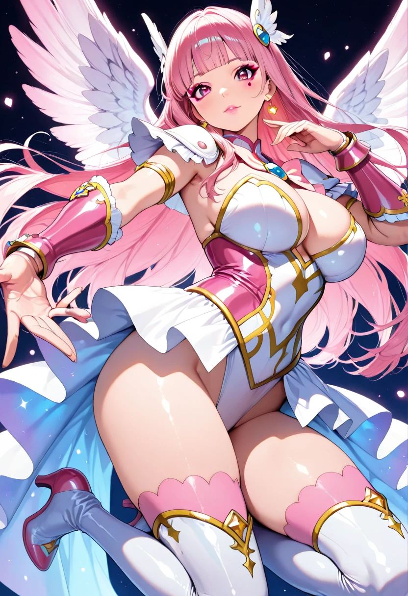 (Perfect Anatomy)、Mastepiece、Ultra High Quality、 8K、masterpiece、Highest quality、Ultra-high resolution、Maximum resolution、Very detailed、Professional Lighting、anime、woman、thin、so beautiful、Highly detailed eye、Highly detailed face、Golden earrings、Pink Hair,、Pink eyes、Mid-chest, pink lips, upper arm pink armor, white leotard, pink pattern, full body, magical girl, Angel Girl, Are standing, pink thigh high stockings, white super long boots, pink gauntlet, high heels, hime cut, bridal hair accessory, flame tornado, leaning forward