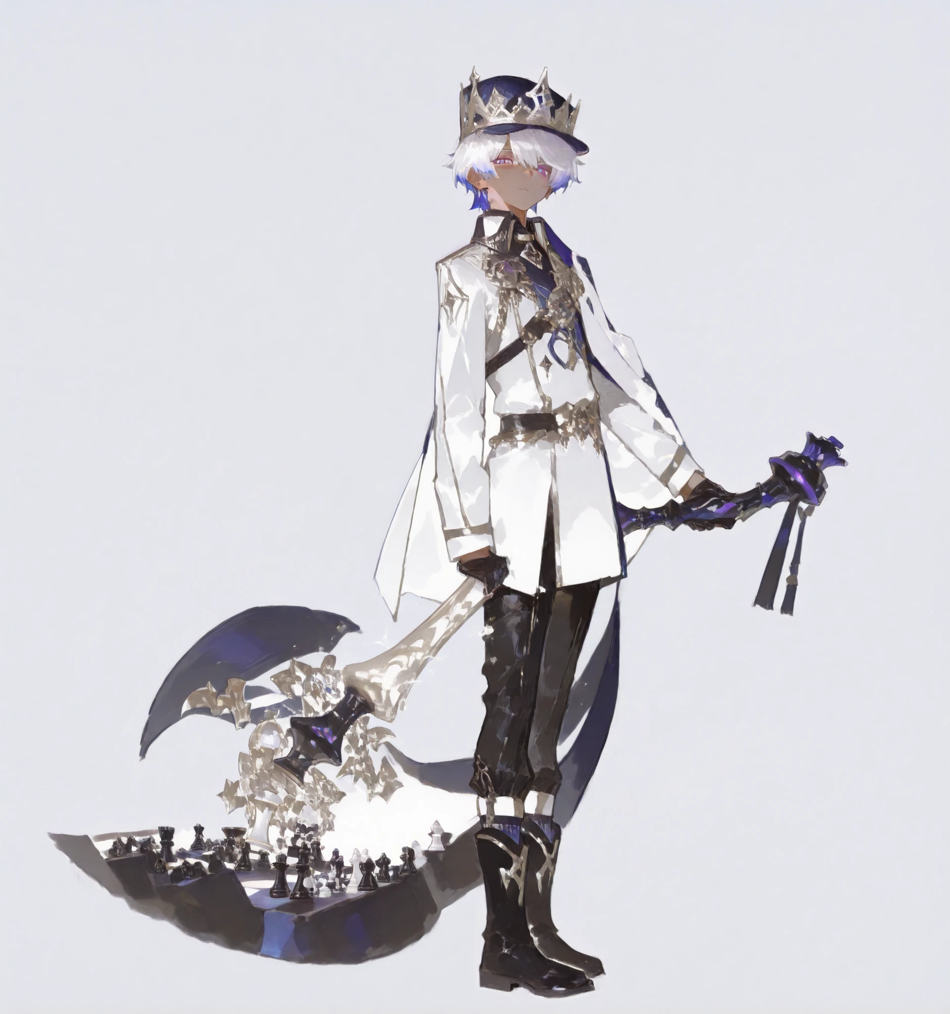 CLOSE UP, chess themed young slim athletic black tanned skinned manly boy boy focused boy young  old boy, smooth glowing fair skin, unique messy layered messy white hair split into pure white with neatly trimmed sides, side-swept bangs partly covering one eye, sharp dreamy dark purple eyes  wearing commander chess themed baggy pants in  white,gold , clinging to his body with high collared COAT showing , and visible outline of his glamourous big white crown,  with holographic tech black fantasy boots ground under a bright blue sky,  his colorful hair, awesome standing serious pose ,around his long ancient socks , background of fantasy luxury chess dawn room, anime-style, highly detailed, sexy fantasy energy, vibrant 