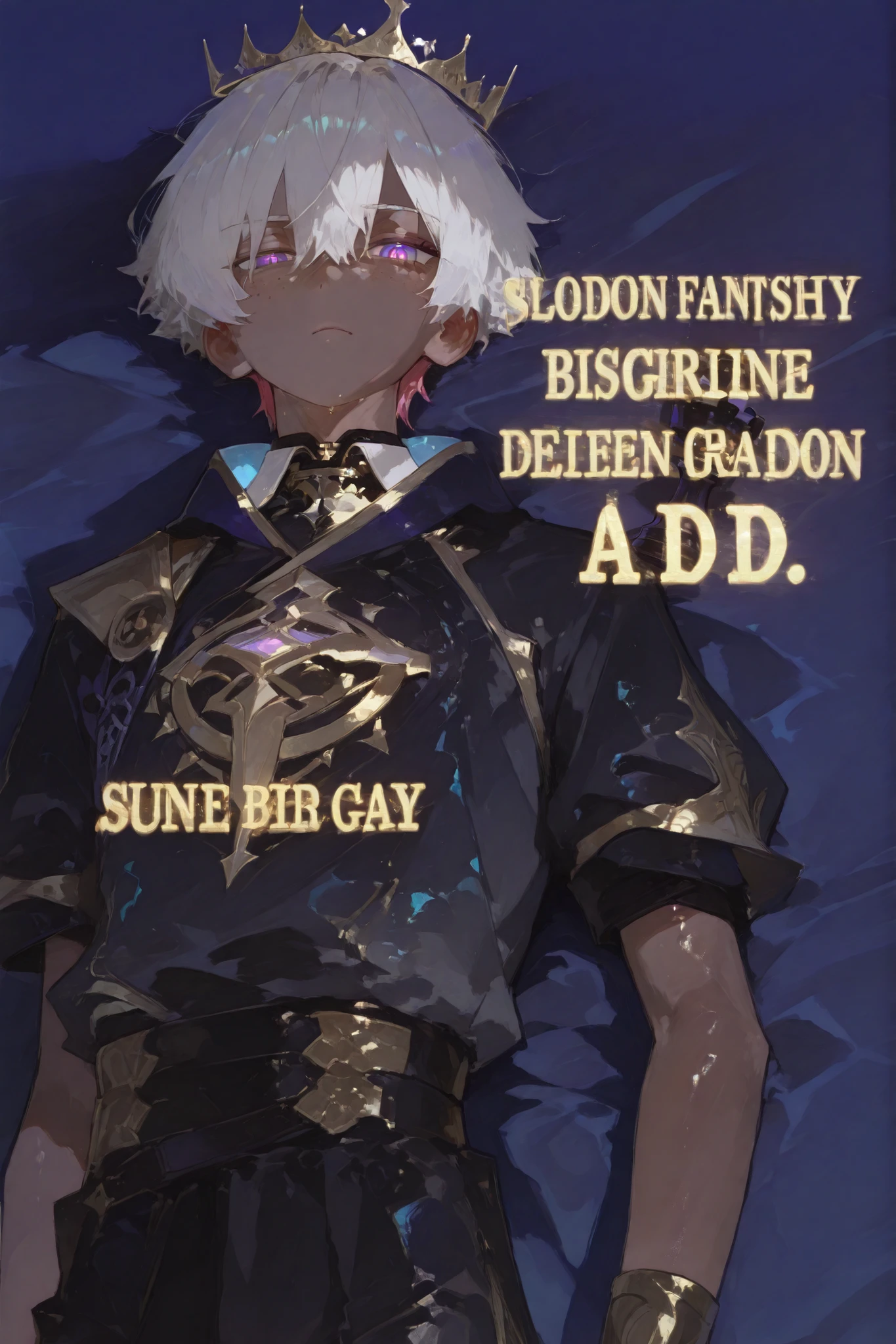 CLOSE UP, chess themed young slim athletic black tanned skinned manly boy boy focused boy young old boy, smooth glowing fair skin, unique messy layered messy white hair split into pure white with neatly trimmed sides, side-swept bangs partly covering one eye, sharp dreamy dark purple eyes wearing commander chess themed baggy pants in white,gold , clinging to his body with high collared COAT showing , and visible outline of his glamourous big white crown, with holographic tech black fantasy boots ground under a bright blue sky, his colorful hair, awesome standing serious pose ,around his long ancient socks , background of fantasy luxury chess dawn room, anime-style, highly detailed, sexy fantasy energy, vibrant fantasy outfits, holographic, alternative-style. mannly skinny tanned black boy mixed-race black skinned skinny young boy with freckles, glowing clear glossy wet shiny skin, short spiky lavender and salmon pink hair , black trimmed undercut taper sides and back behind hair, and sky blue neon eyes, baggy combat gi shirt with lavender trims shirt with black sleeves, boy gold trim, with naked no pants big dick very hard with gold accents and armor, anime-style, detailed and bright holographic, tone, in a lying back showing dick gay sexy pose pose holding a obsidian purple and, very shiny skin, wi with gold trims, fantasy holograhic,