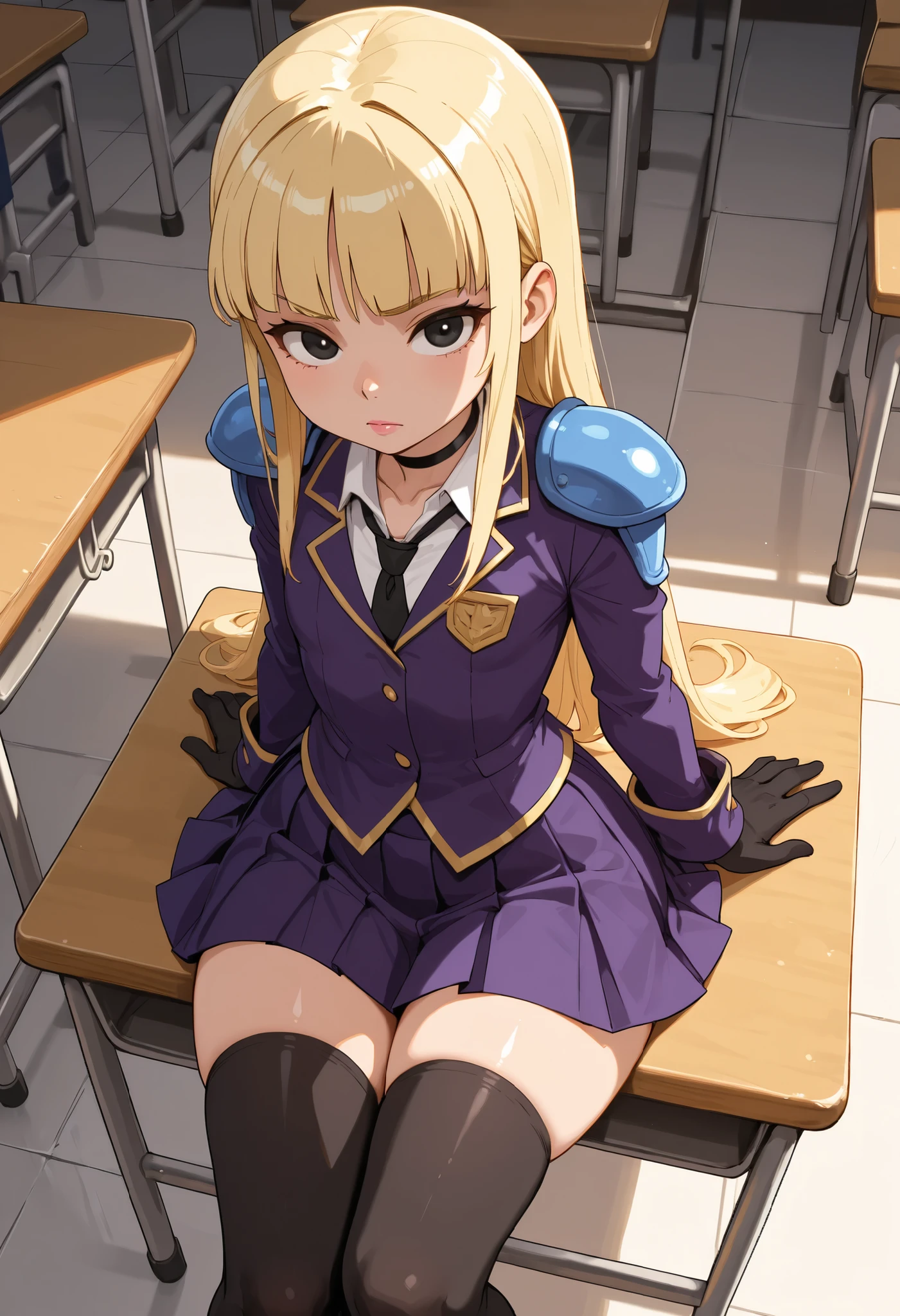 Pacifica Northwest,black eyes, pink lips, flat breasts, flat chest, skinny, huge hips, long hair, blonde hair, choker,| 1girl, solo, closed mouth, St_Arcadia_Uniform, school uniform, clothes, shoulder pads, necktie, long sleeves, pleated skirt, black thighhighs, legs together, looking at viewer, sitting on desk, school desk, classroom, from above, dutch angle, light theme , gloves