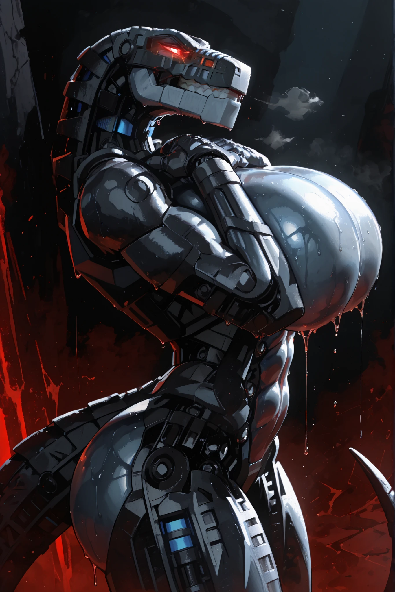 748cmstyle,l3g0, masterpiece, best quality, amazing quality, very aesthetic, high resolution, highly detailed, high quality, krekkov style, score_9, score_8_up, score_7_up , solo, muscular, roodaka, bionicle, anthro, dinosaur, lidded eyes, annoyed, glowing eyes, seductive pose, abs , breasts exposure, narrow waist, shiny body, metallic body, oiled body, jewelry, clothed, standing, gigantic breasts, gigantic thighs, sweaty, dripping, tail, hands over chest, side view, arched back