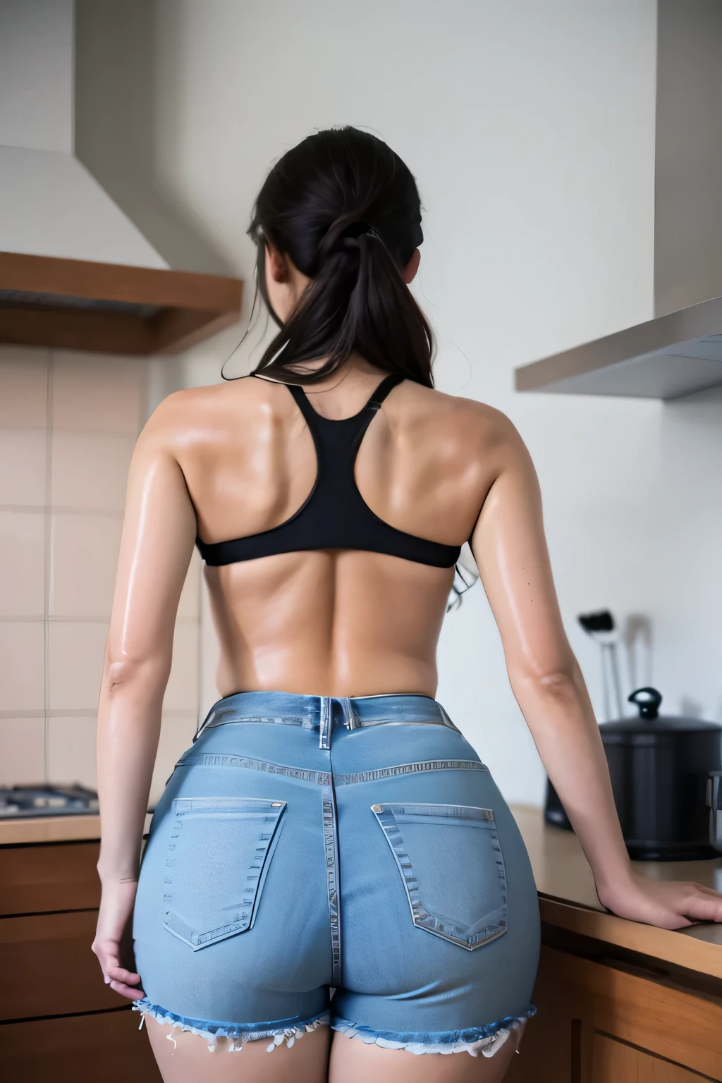 A mature Indian woman, extremely chubby figure, fatty woman, gigantic breasts, inside a kitchen, standing infront of a kitchen gas stove, cooking on the gas stove, cooking curry, a pan on the gas stove, modern kitchen interior, professional lighting, gradient background. Well lit room, Super curvy figure, well-defined curves, beautiful breasts, gigantic breasts, perfectly shaped real breasts. Photorealistic, ultra-realistic real-life woman, ultra 4k quality, 8k, high resolution, ultra-detailed, Hd image quality, 4k image. extremely detailed skin, realistic skin texture, shiny wet skin, detailed sweaty skin, sweating heavily, (soaked in sweat :1.2). Her hands are perfectly shaped, perfect fingers, perfectly shaped head features, hairbun, professional hairbun, light jewelry. Wearing a jean short and a thin laced bra, light colour laced bra, realistc micro short, realistic thighs. thick chubby ass, Extremely sweaty skin, sweating heavily, fatty ass, long earring, bangles on hand, wearing a necklace, sweating heavily, sweat drops on back, sweating skin. Backview, view from back, detailed back view, thick ass, proper short tight on ass, smooth spotless skin, Backshot, candid photography, candid backshot, extremely chubby figure, fatty curvy back, ultralow waist jean short, thin bra strap, pink bra, slim straps, very small shorts length, ass line visible, tiny short, undersize jean short, shiny skin, oiled skin, back closeup, closeup view of back, show thick thighs, thighs exposed, shorts pant,