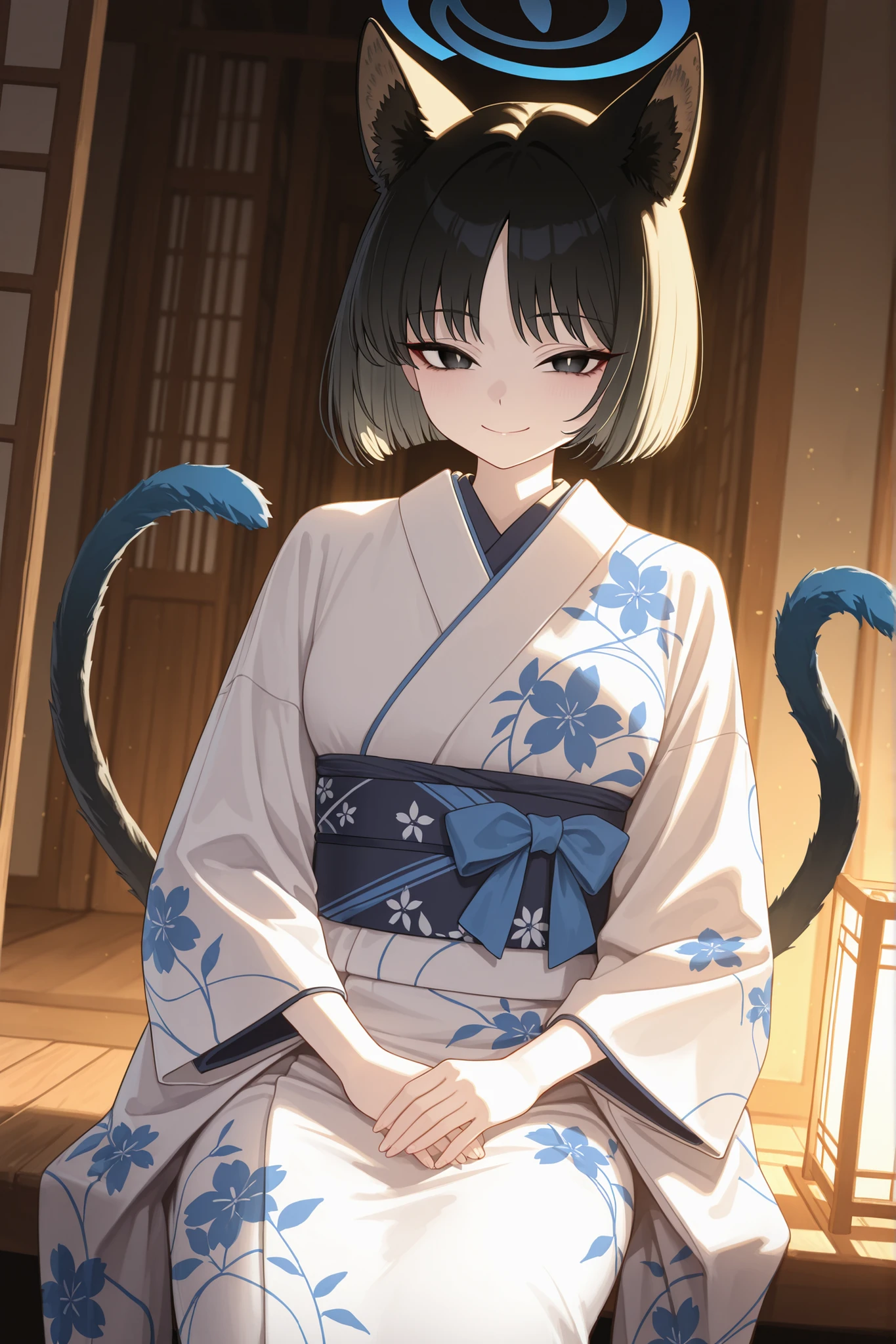 masterpiece, best quality, very aesthetic, intricate details, vivid colors, smooth shading, dynamic lighting, professional illustration, soft gradients, balanced composition, elegant pose, high-resolution, sharp focus, 8k, hdr, crisp lines, perfect lighting, sharp eyes, detailed eyes, highly detailed, 1girl, absurdres, alternate costume, animal ears, black eyes, blue archive, blue halo, cat ears, cat girl, cat tail, floral print, floral print kimono, halo, highres, japanese clothes, kikyou (blue archive), kimono, multiple tails, print kimono, smile, solo, tail, toorisugari no dechikou, two tails, white kimono