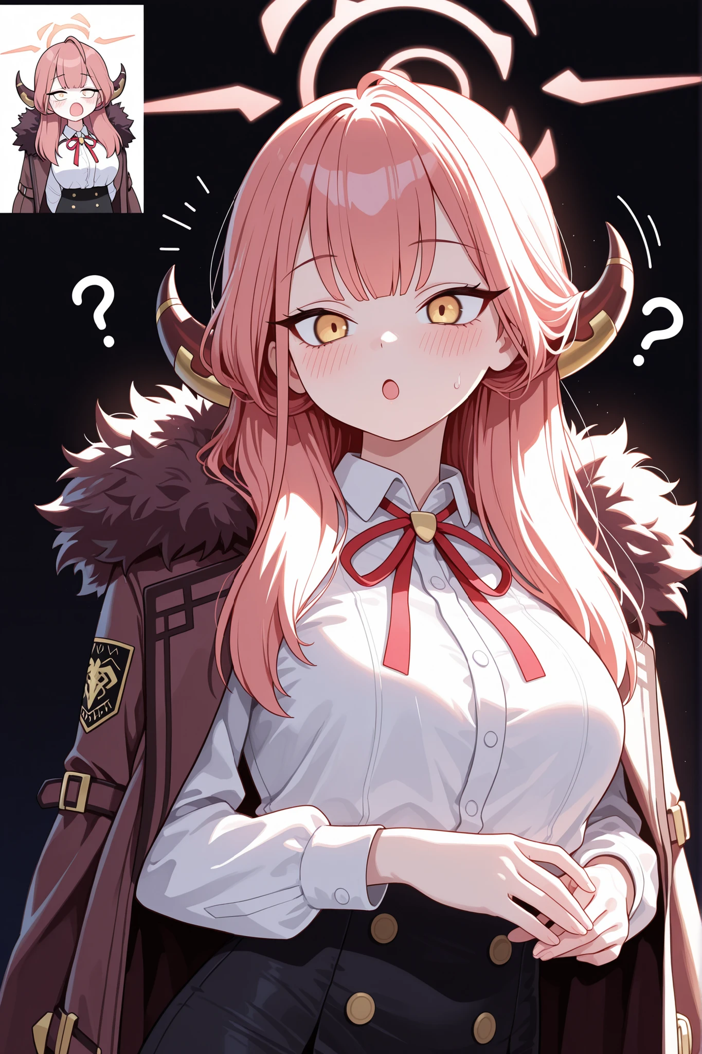 masterpiece, best quality, very aesthetic, intricate details, vivid colors, smooth shading, dynamic lighting, professional illustration, soft gradients, balanced composition, elegant pose, high-resolution, sharp focus, 8k, hdr, crisp lines, perfect lighting, sharp eyes, detailed eyes, highly detailed, 1girl, :o, ?, aru (blue archive), black skirt, blue archive, blush, brown coat, brown horns, coat, coat on shoulders, demon horns, fur trim, fur-trimmed coat, halo, highres, horns, long hair, low horns, open mouth, pink hair, pink halo, red ribbon, reference inset, ribbon, simple background, skirt, solo, somgolmae, upper body, yellow background, yellow eyes